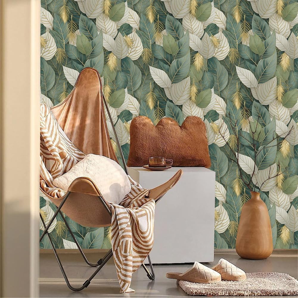 Usachibb Watercolor Floral Peel and Stick Wallpaper, Vintage Gold Leaf Vinyl Contact Paper for Home Decor (Green, 17.3 in x 118.1 in) 6zttj