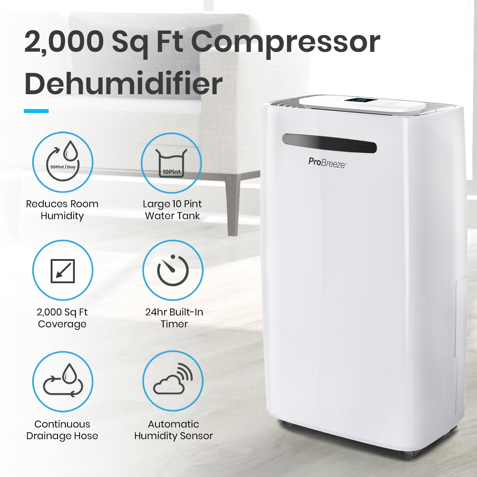 Pro Breeze 50 Pint Dehumidifier for Home and Basement (White, 3500 sq ft Coverage) g9tim