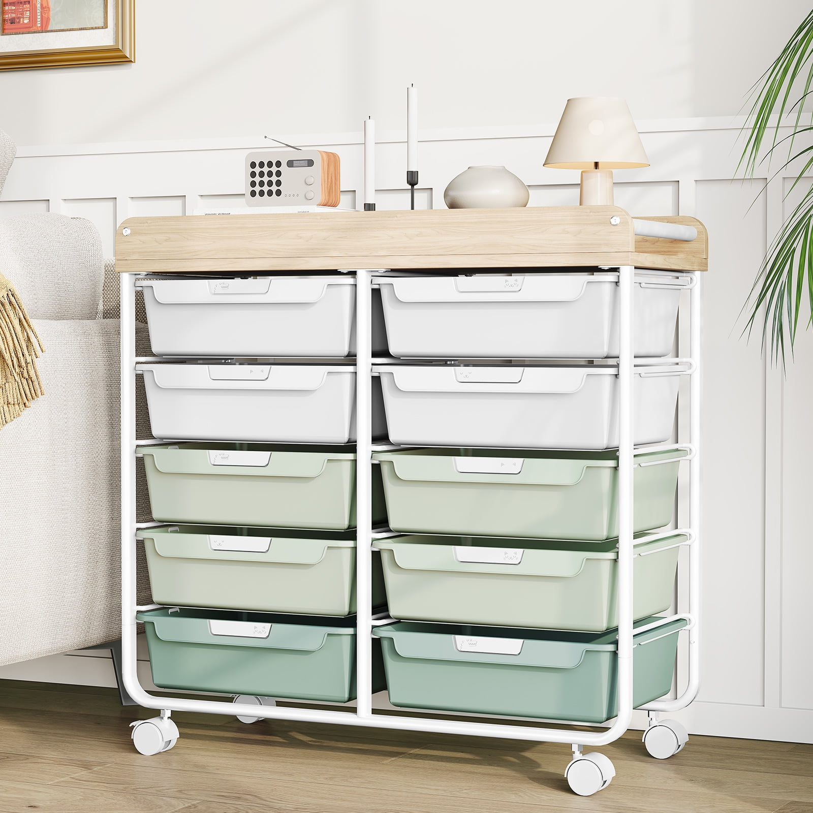 KINGRACK 10-Drawer Rolling Storage Cart with Wooden Tabletop (Green, 15.35 in x 12.6 in x 38.2 in) 4vlwt