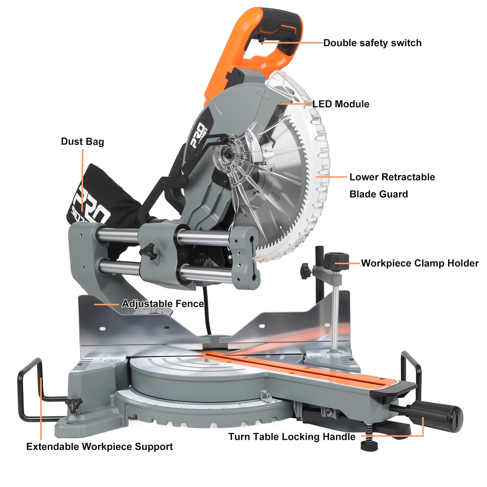 Prostormer 10-Inch Double Bevel Compound Miter Saw, 15A 5000RPM Power Tool with LED Shadow Line and Expansion Table (Silver, 10 in) 90e8c