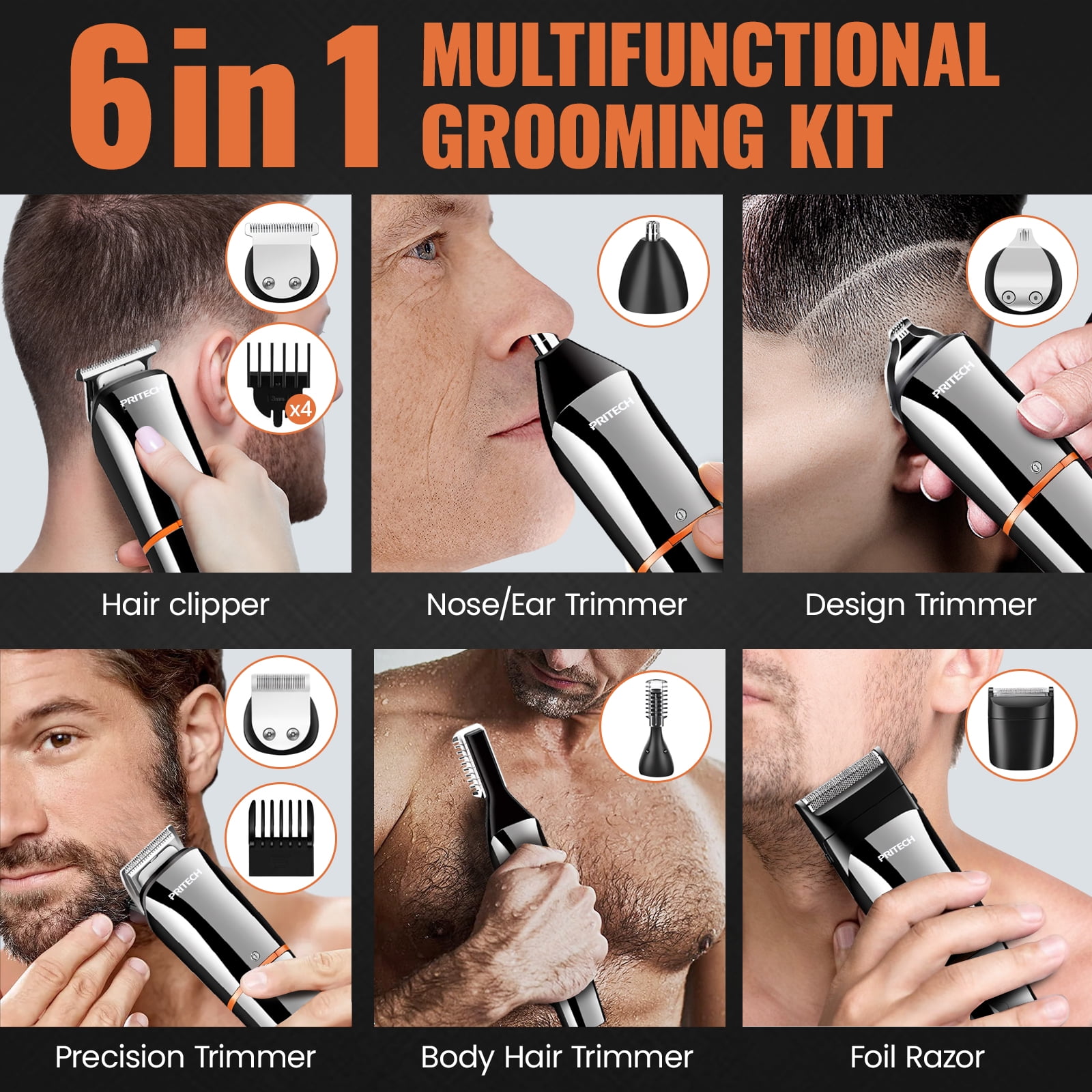 Pritech 6-in-1 Cordless Beard Trimmer and Hair Grooming Kit (Silver, 1 Kit) s028l