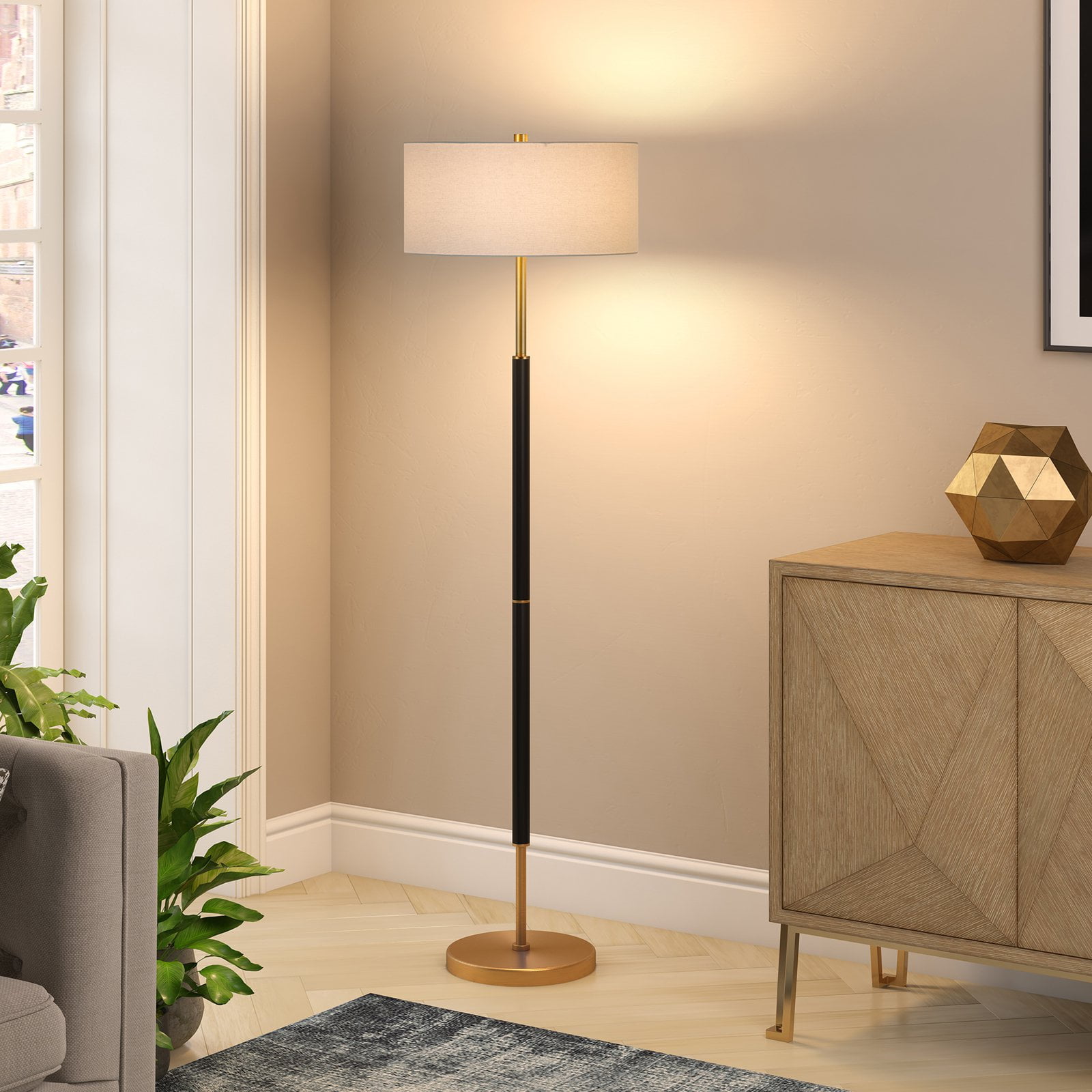 Evelyn&Zoe Simone 2-Light Floor Lamp with Fabric Shade (Matte Black, 60 in) 1ei09