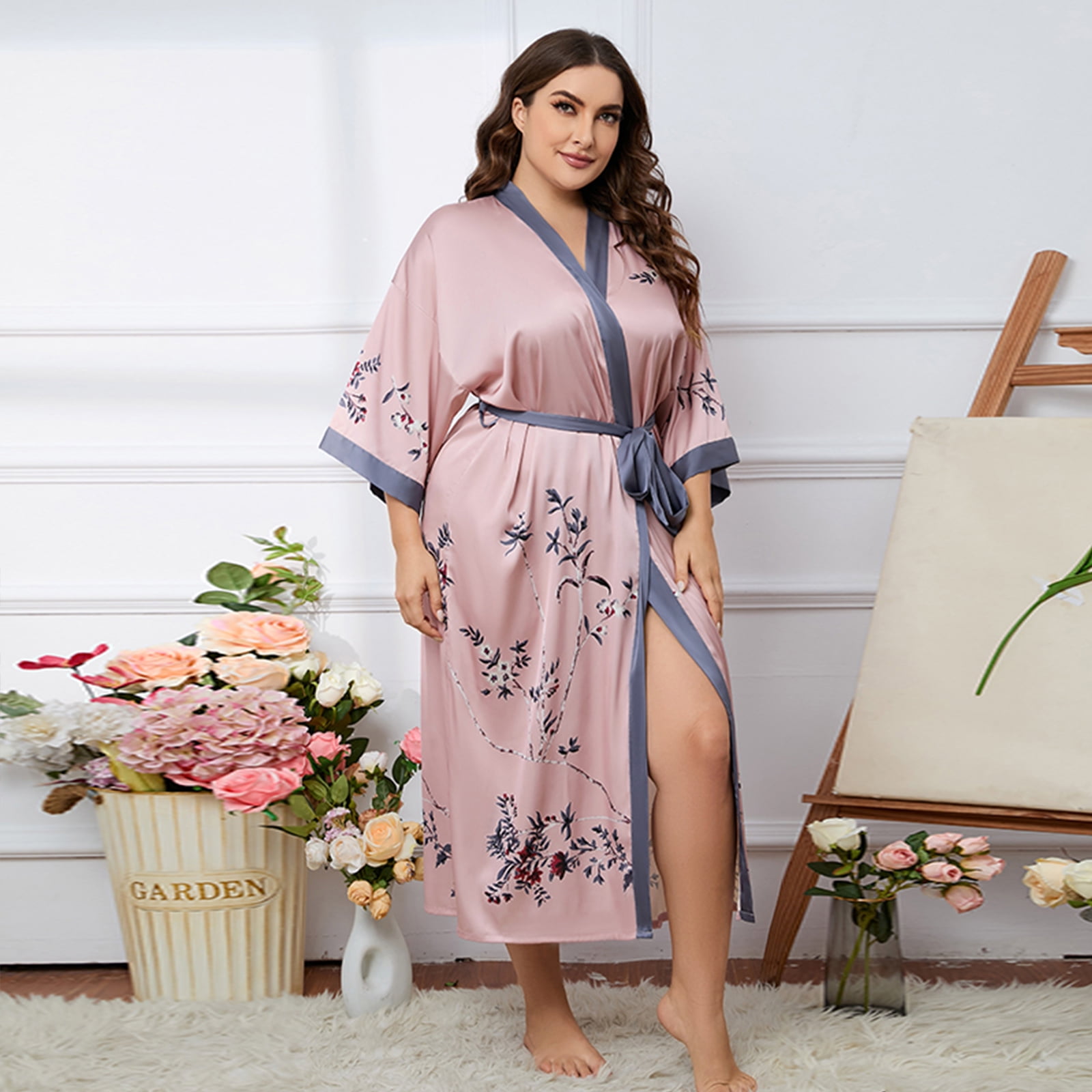 AMITOFO Women's Long Silky Satin Kimono Robe Floral Lightweight Loungewear (Pink, One Size) o0k6o