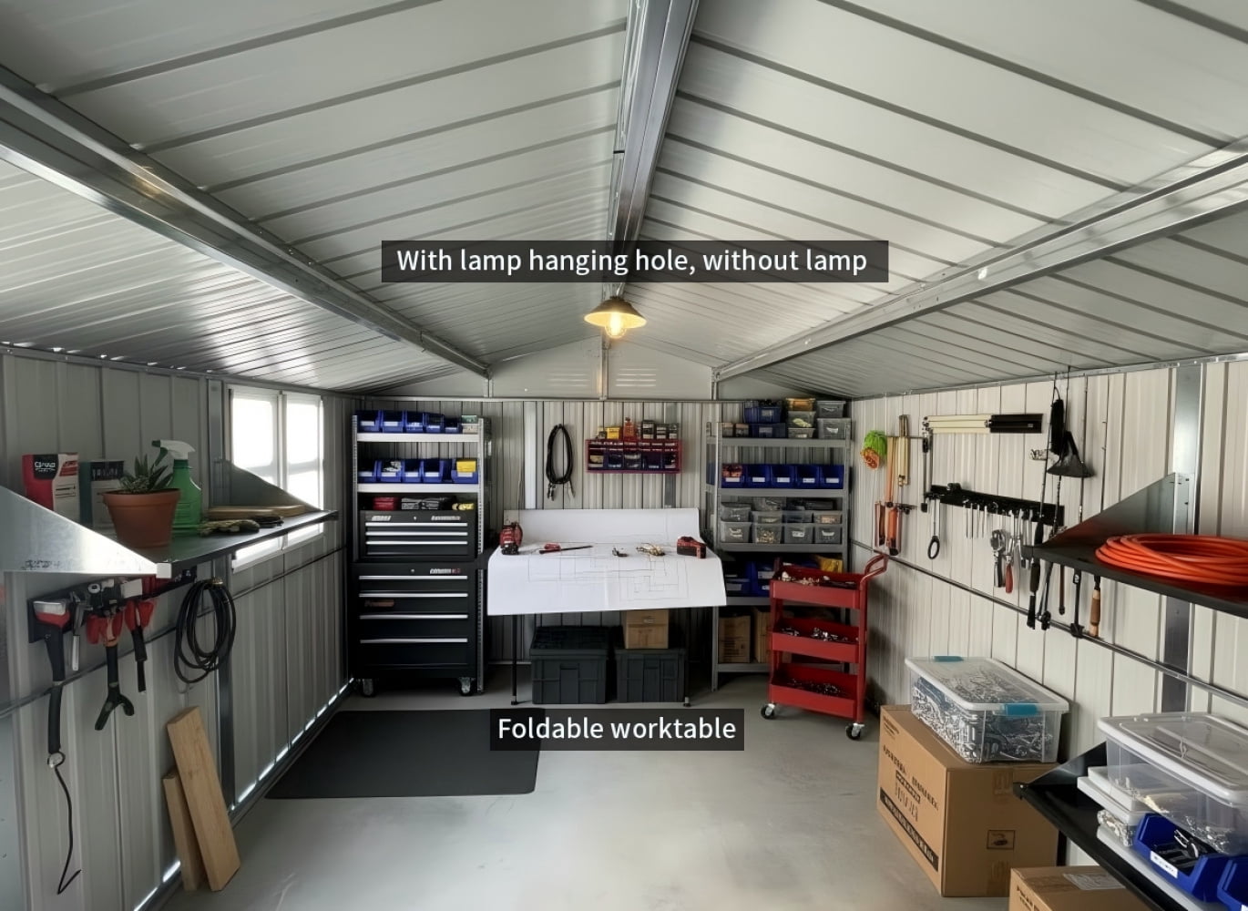 Roninkier Metal Outdoor Storage Shed with Worktable and Shelves (White and Black, 12 ft x 10 ft) 3q59c