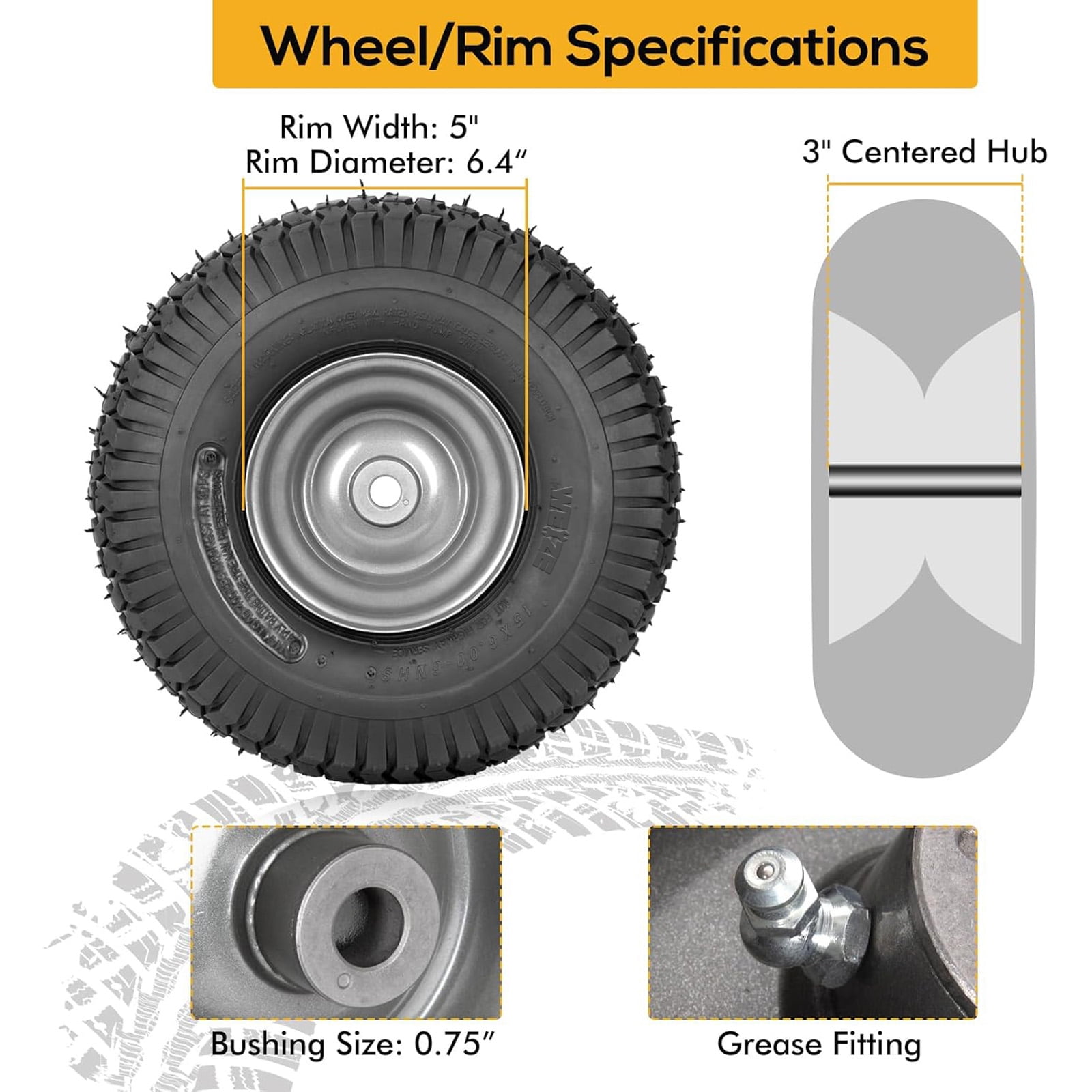 WEIZE 15x6.00-6 Lawn Mower Front Tire and Wheel Assembly (Black, 2-Pack) q1l2c
