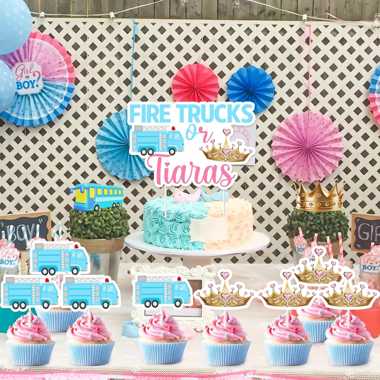 Wonmelody Fire Trucks or Tiaras Gender Reveal Cake Toppers Set (25 Pieces) 783ax