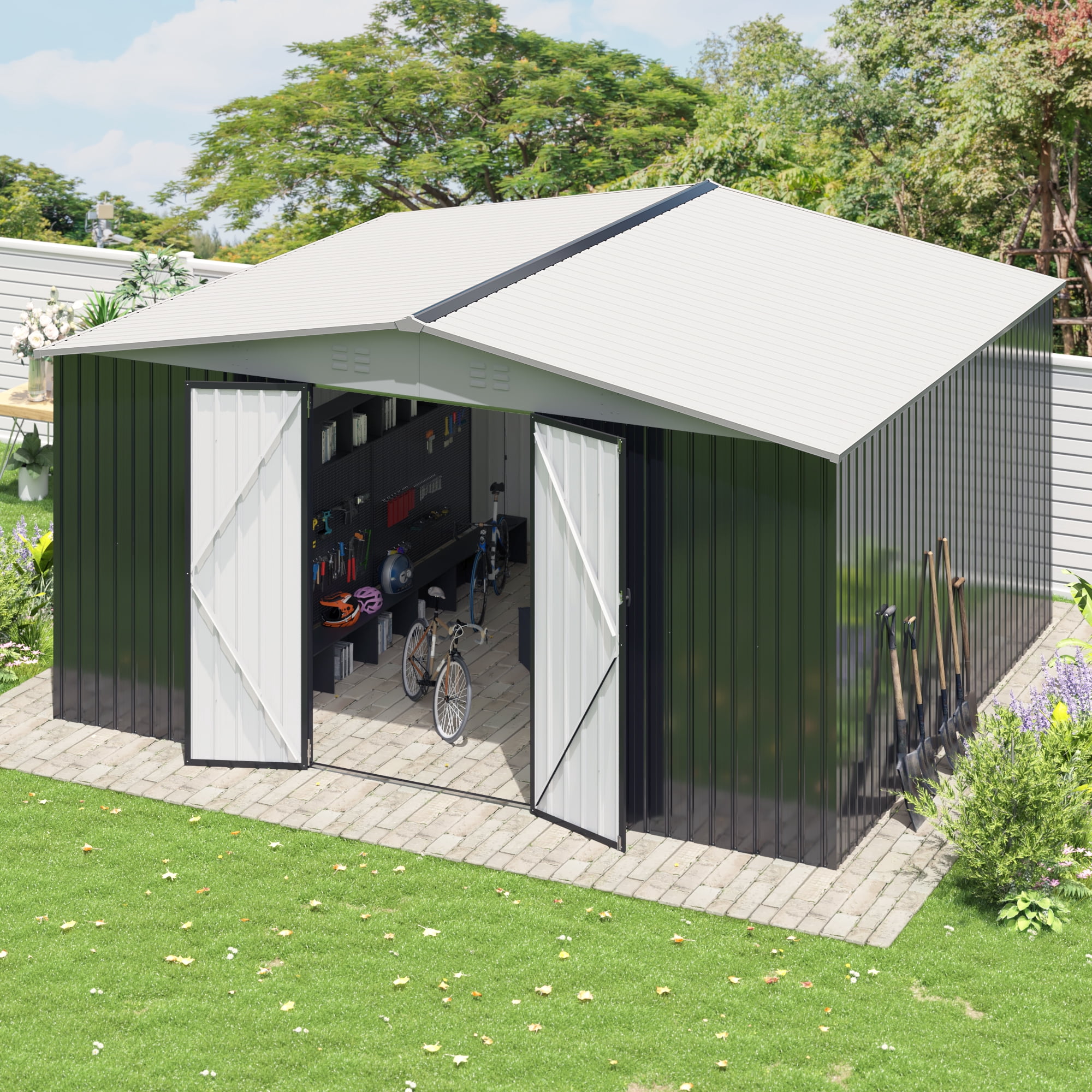 MUCHANT Outdoor Metal Storage Shed with Lockable Doors and Reinforced Frame (White, 12 ft x 14 ft) 9rvk2