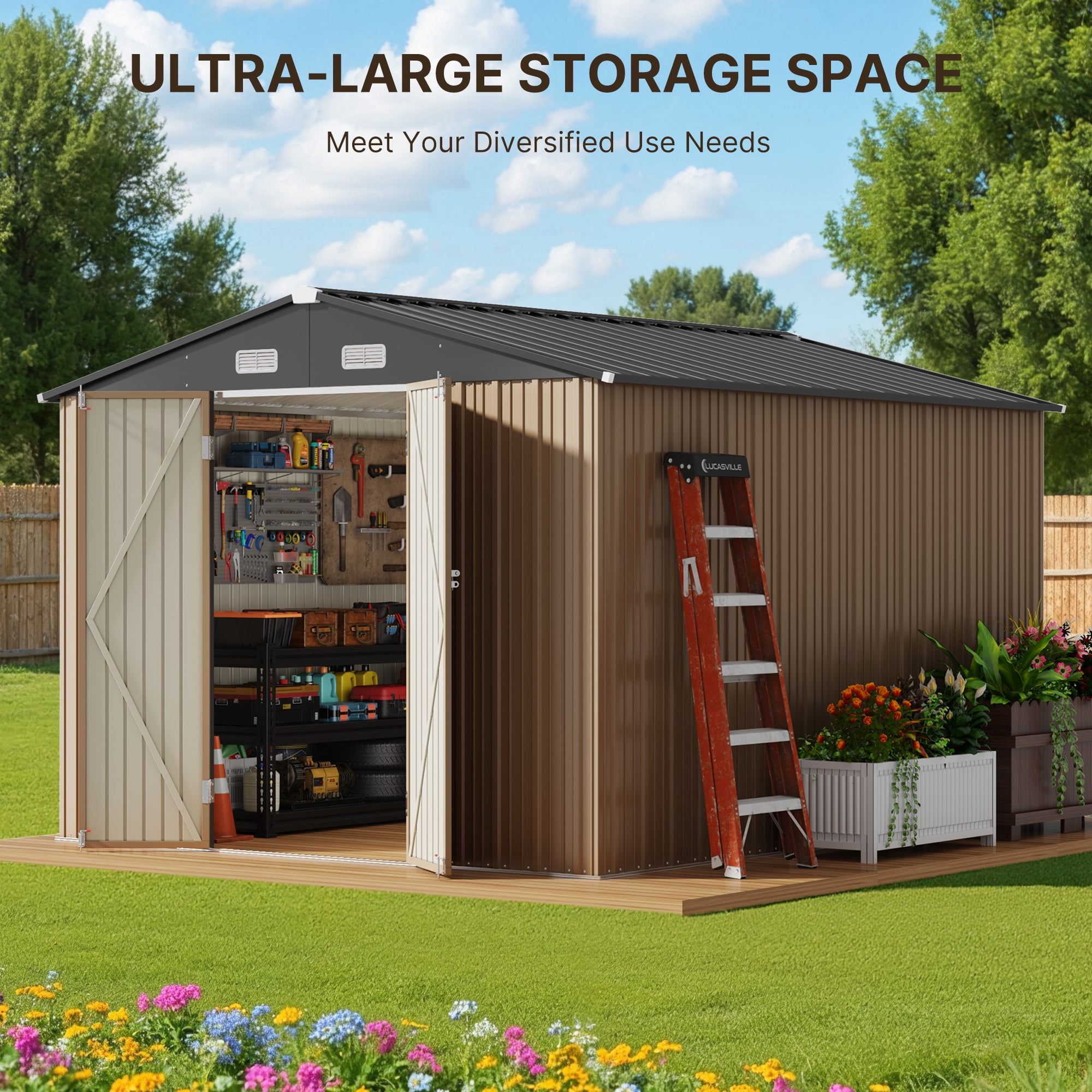 Lofka Outdoor Storage Shed, Galvanized Steel Garden Shed with Lockable Doors (Light Brown, 10 ft x 10 ft) 7du7e