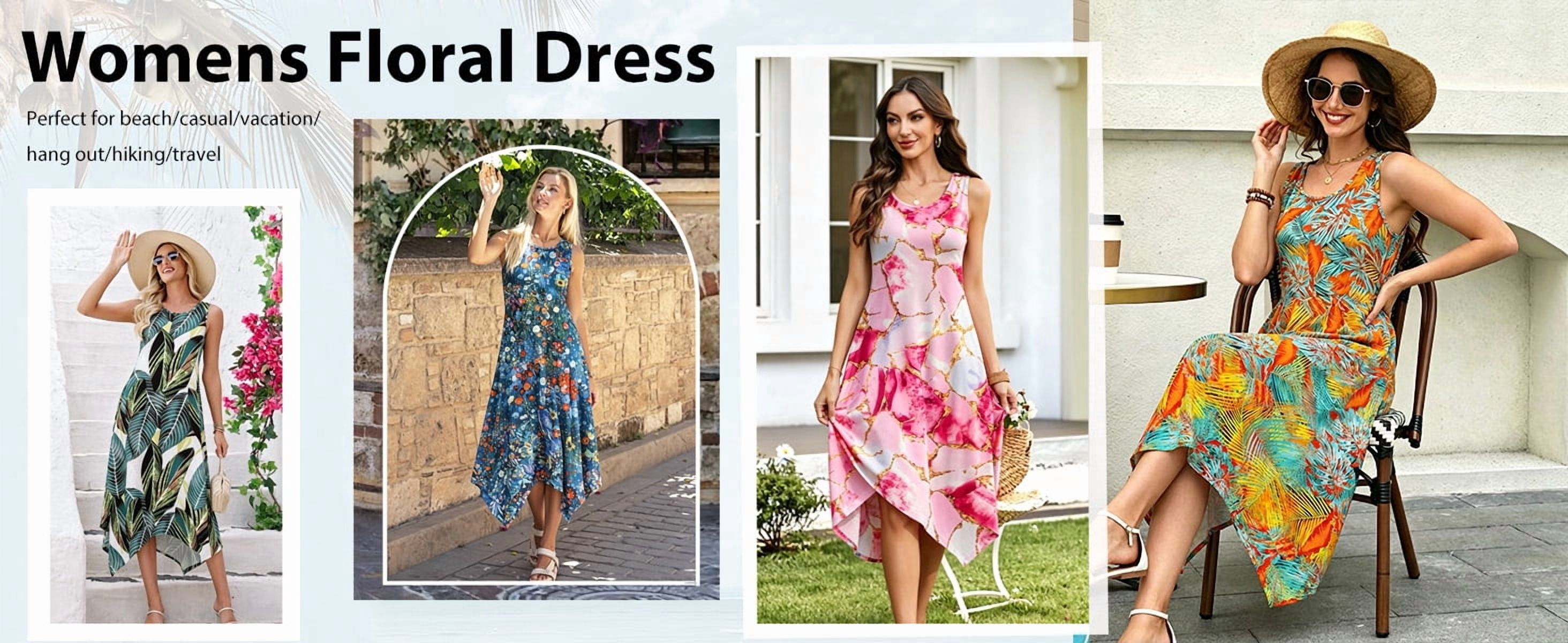 Fantaslook Floral Tank Dress for Women Sleeveless Asymmetrical Hem Sundress with Pockets (Blue, L) myn9q