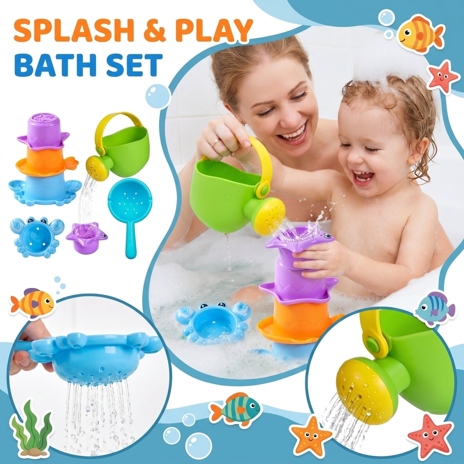 PETTEPBBLEWS Beach Sand Toys Set for Kids, Outdoor Sandbox Activity Kit with Watering Tool, Spoon, and 3 Stacking Cups (Green, 5-Piece Set) e1dol