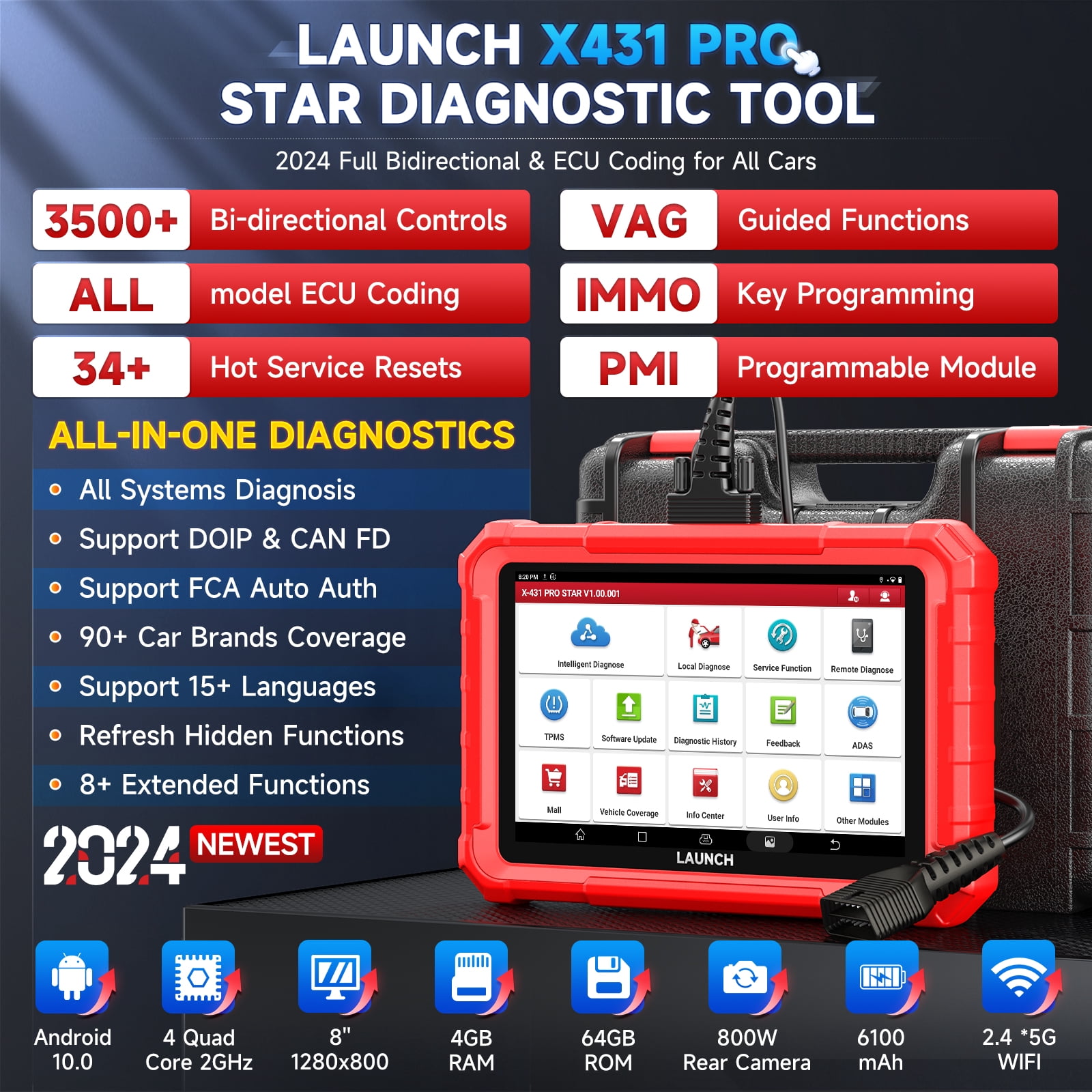 LAUNCH X-431 Pro Star Bidirectional OBD2 Diagnostic Scanner (Red, 8-inch Tablet) fjp4v