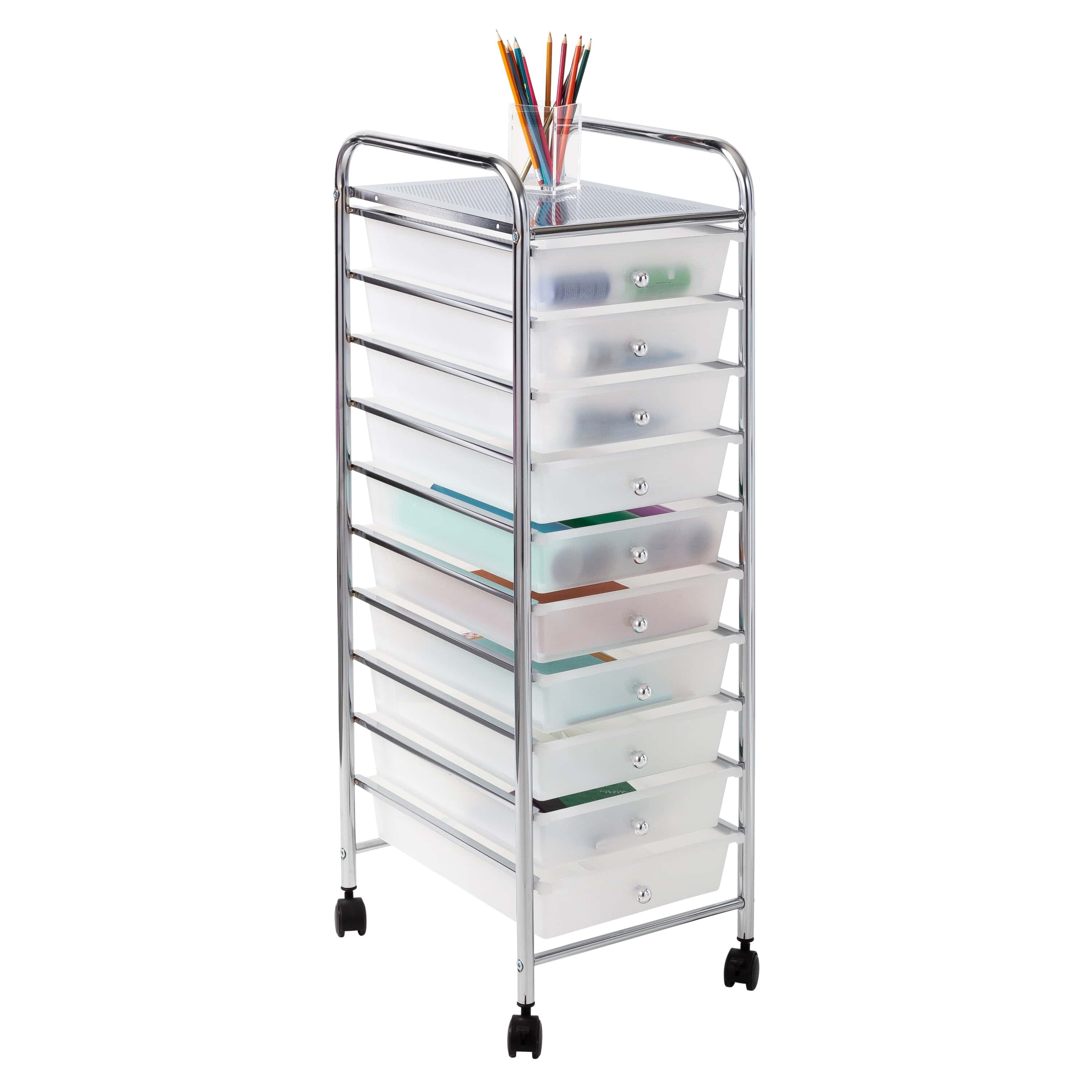 Hello Hobby 10-Drawer Rolling Craft Cart, Mobile Storage Organizer with Locking Wheels (Clear/Chrome, 15.31 in L x 12.6 in W x 38.1 in H) k0lp3