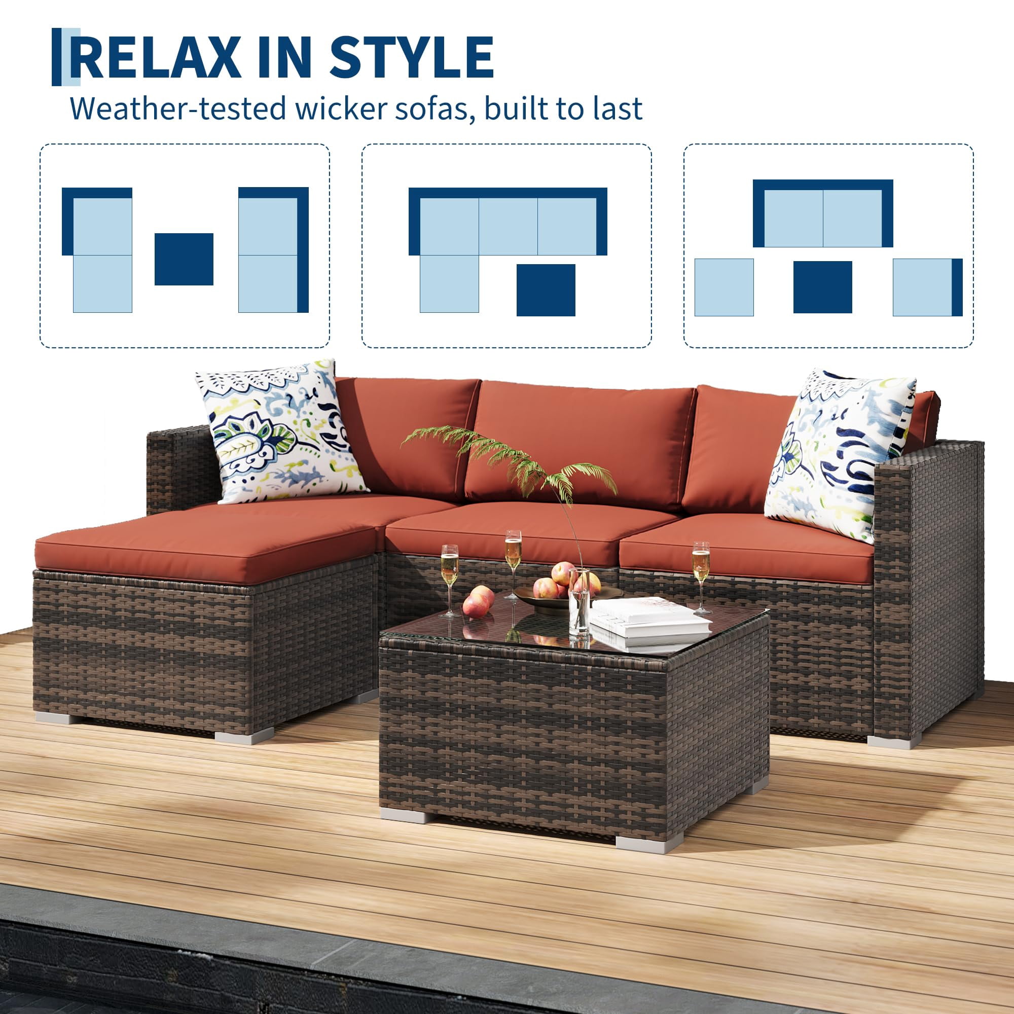 EliteEdge 5-Piece All-Weather PE Rattan Patio Sofa Set, Modular Outdoor Furniture with Tempered Glass Table and Waterproof Cushions (Brown Rattan, Light Grey Cushion, 5-Piece Set) i6xq3