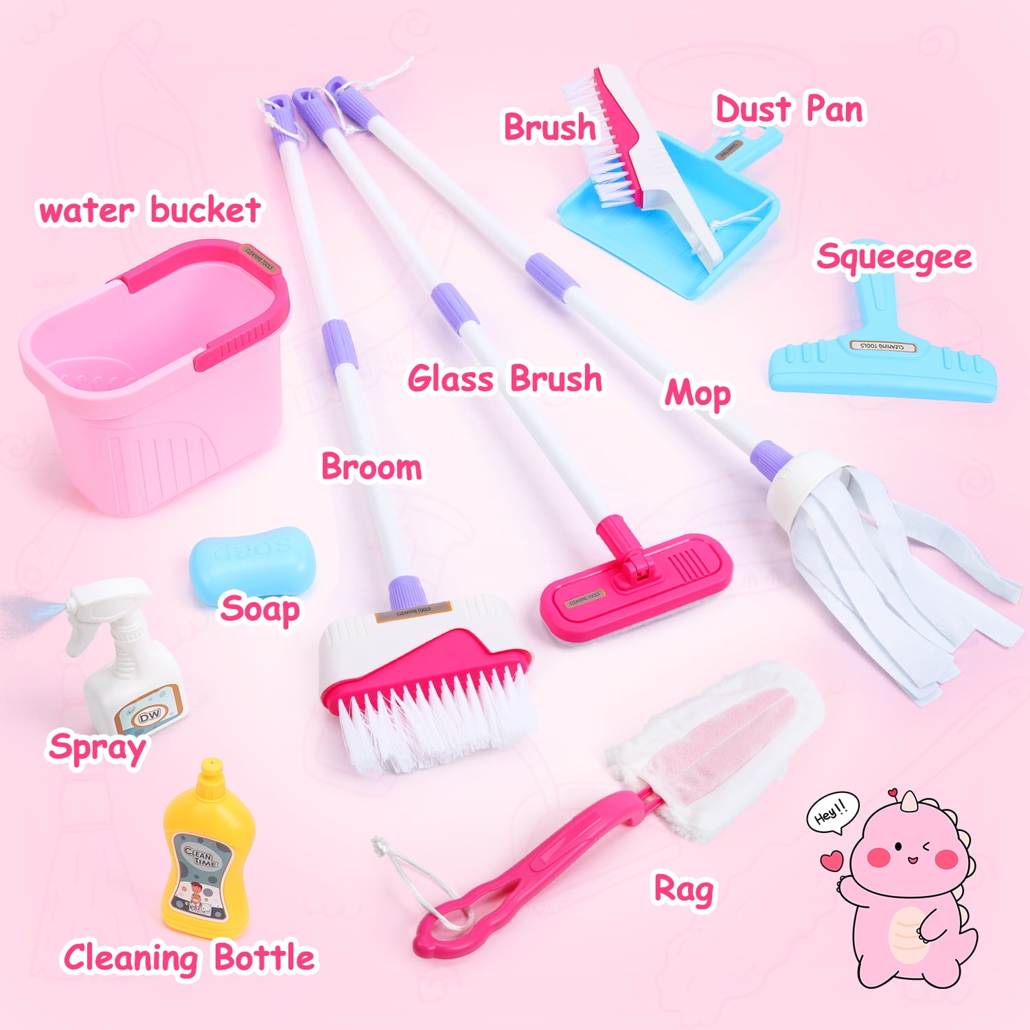 JoyStone 12-Piece Dinosaur Kids Cleaning Set, Pretend Play Housekeeping Kit for Toddlers (Pink, 12-Piece Set) uadep