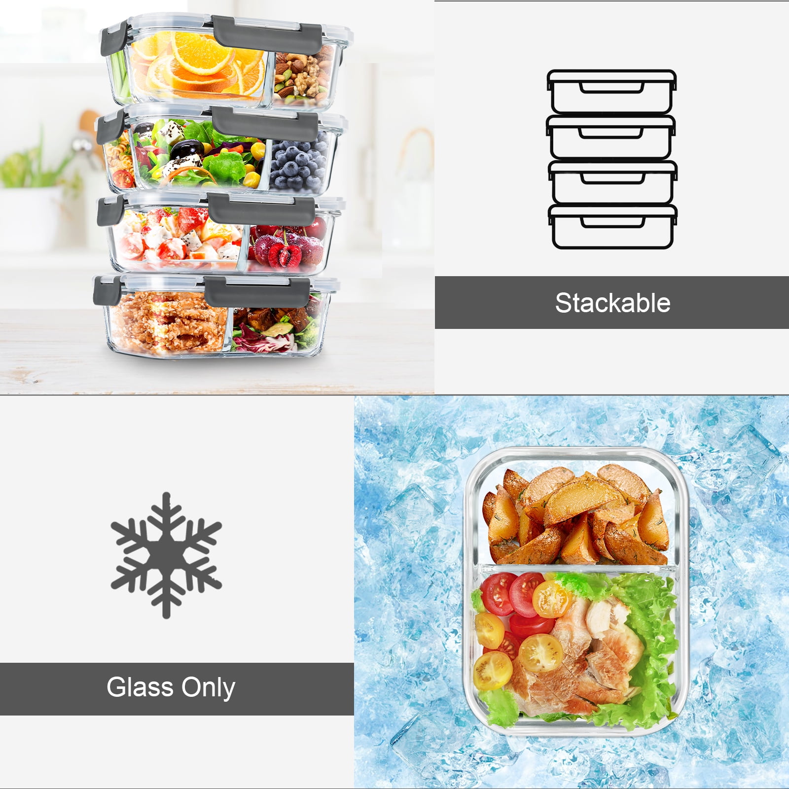 Taimasi Glass Food Storage Containers, Airtight Meal Prep Set with Snap-Lock Lids (Grey, 4-Pack, 32 oz) 55pdq