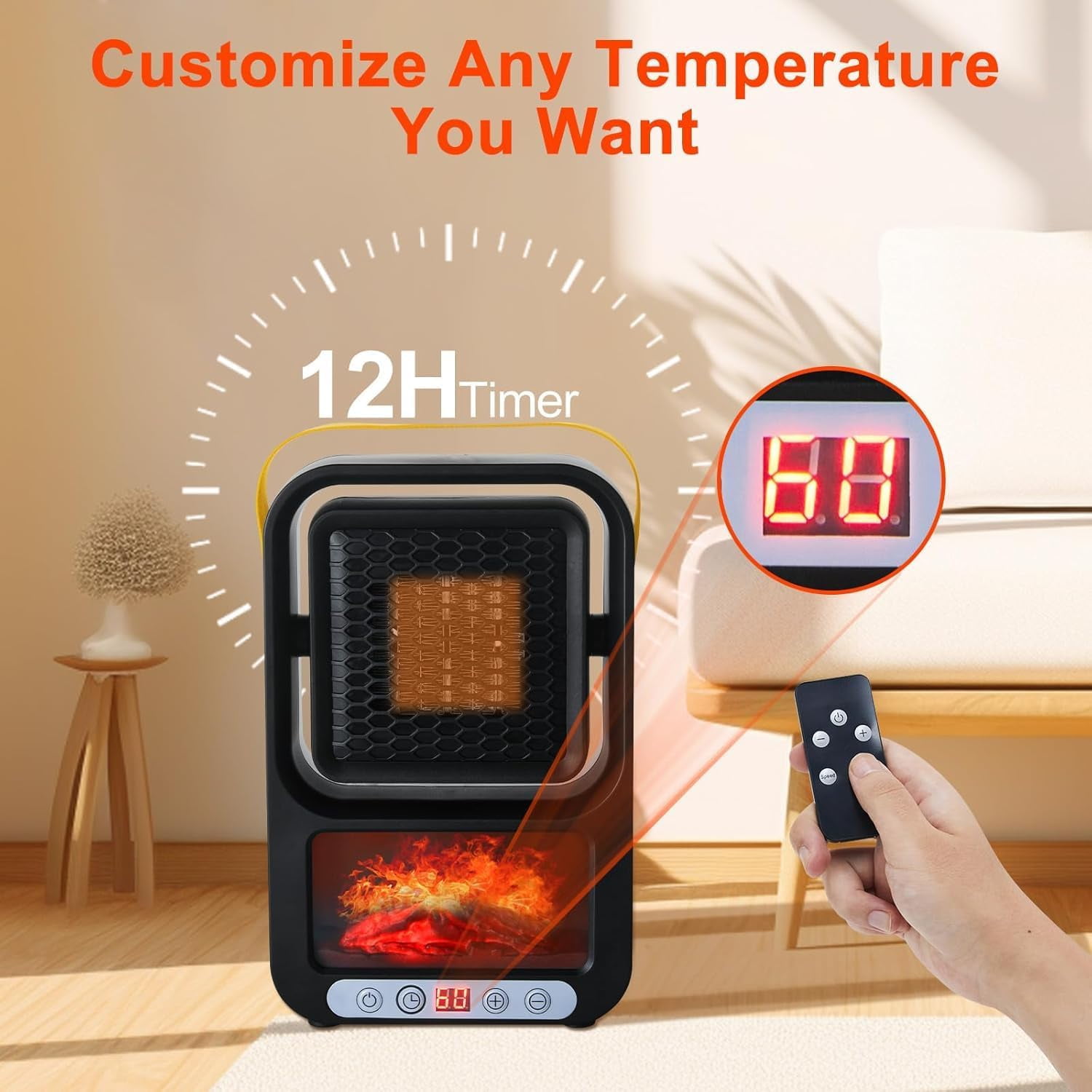 Facvoer Portable Electric Space Heater, Desktop Fireplace with 3D LED Flame and Thermostat (Black, 800W) 6b34z