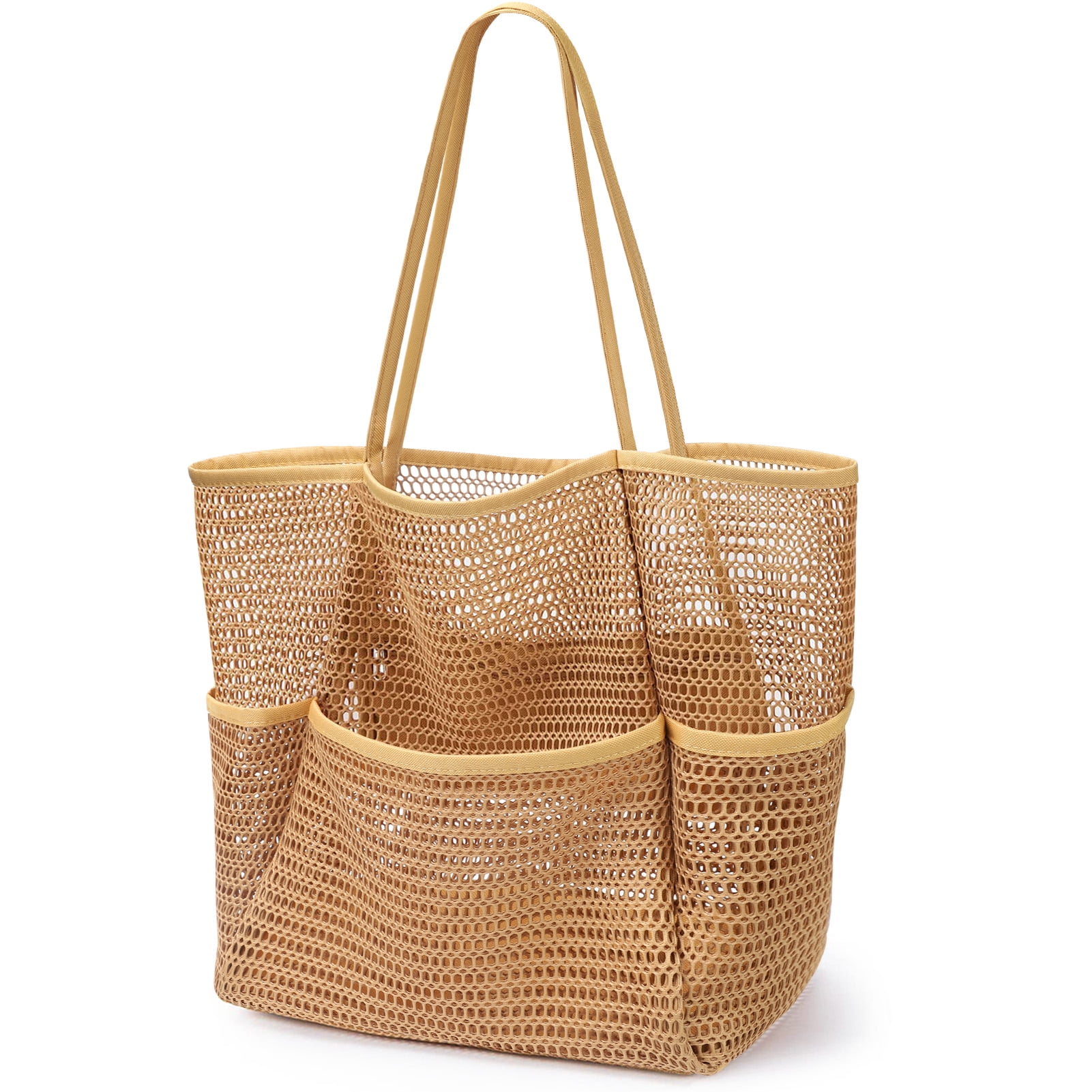 Gocvo Mesh Beach Bag for Women, Large Foldable Swim Tote with Pockets (Beige, 17 x 6.2 x 14 in) k1fg4
