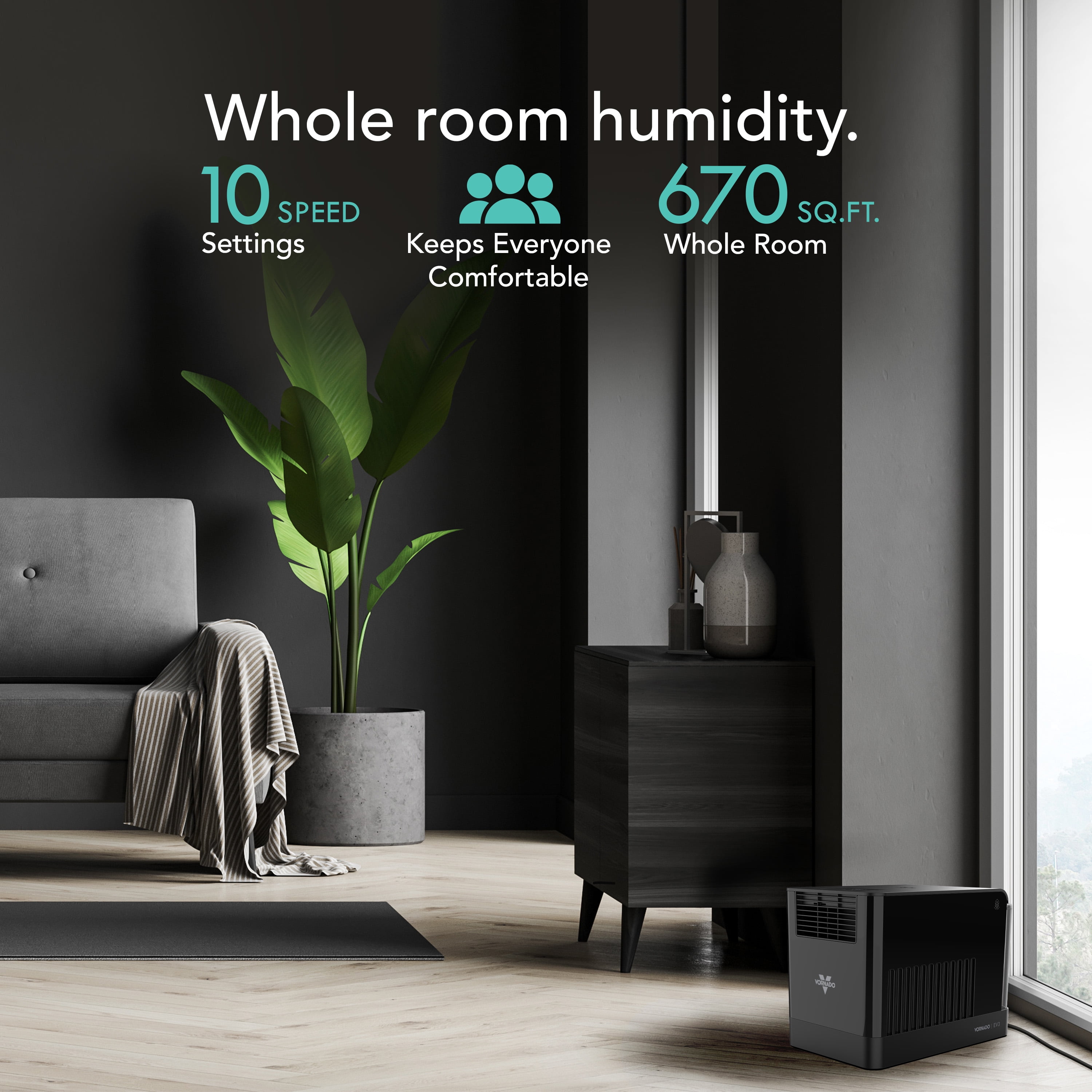Vornado EV3 Whole Room Evaporative Humidifier, Intelligent Humidity Control, Top Fill Design, 10 Speed Settings (Black, 1.5 gal) 6zz2o