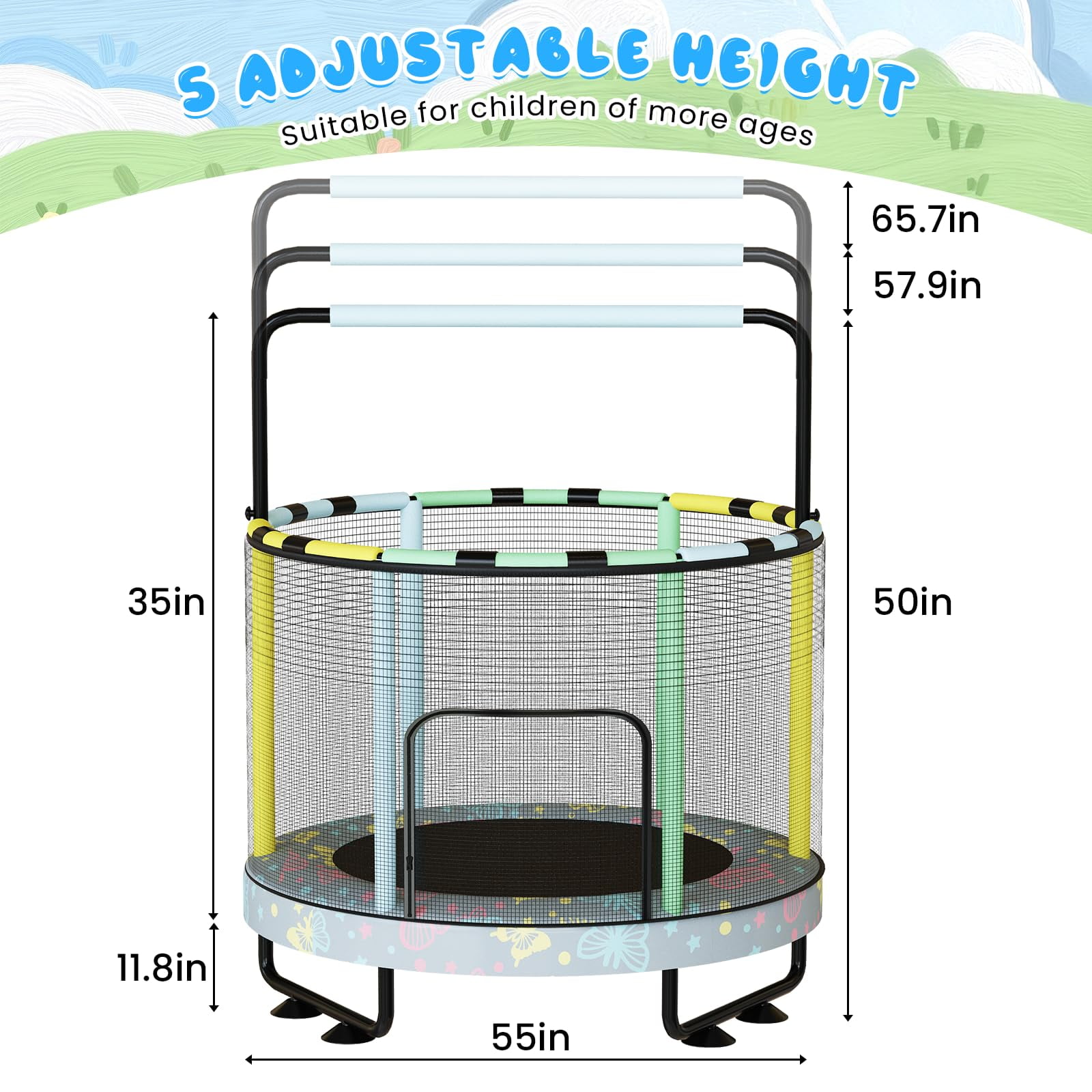 Mooseng Kids Trampoline with Safety Enclosure and Adjustable Handrail, 7-in-1 Activity Center (Yellow, 55 in) chyzk
