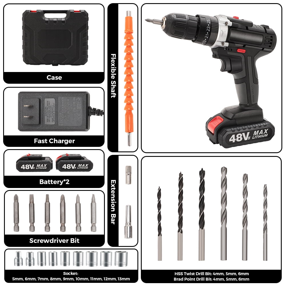 Ldyso 48V Cordless Power Drill Set with 2 Batteries, Variable Speed and LED Work Light (Black, 1 Set) vza90