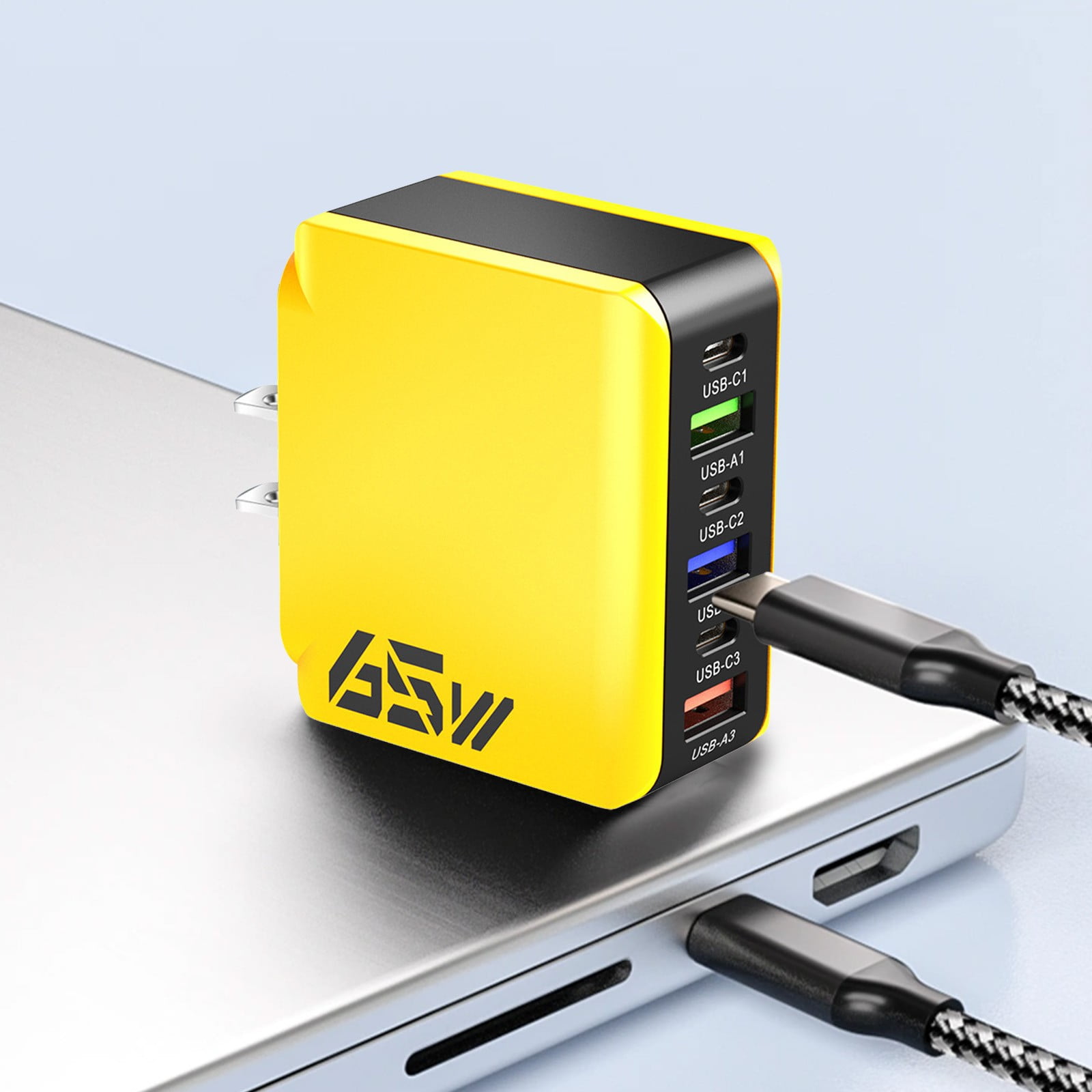 Konghyp 65W Multi Port Fast Charging Hub, 6-in-1 USB-C and USB-A Desktop Charger, Compact Travel Power Adapter (Yellow, 65W) jm8no