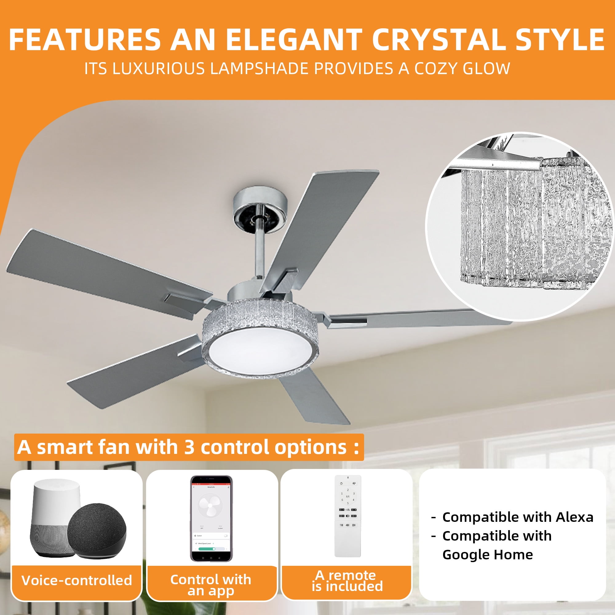Craftian 52 Inch Smart Chandelier Ceiling Fan with LED Lights, App & Voice Control, Quiet DC Motor (Silver, 52 in) 6oo40