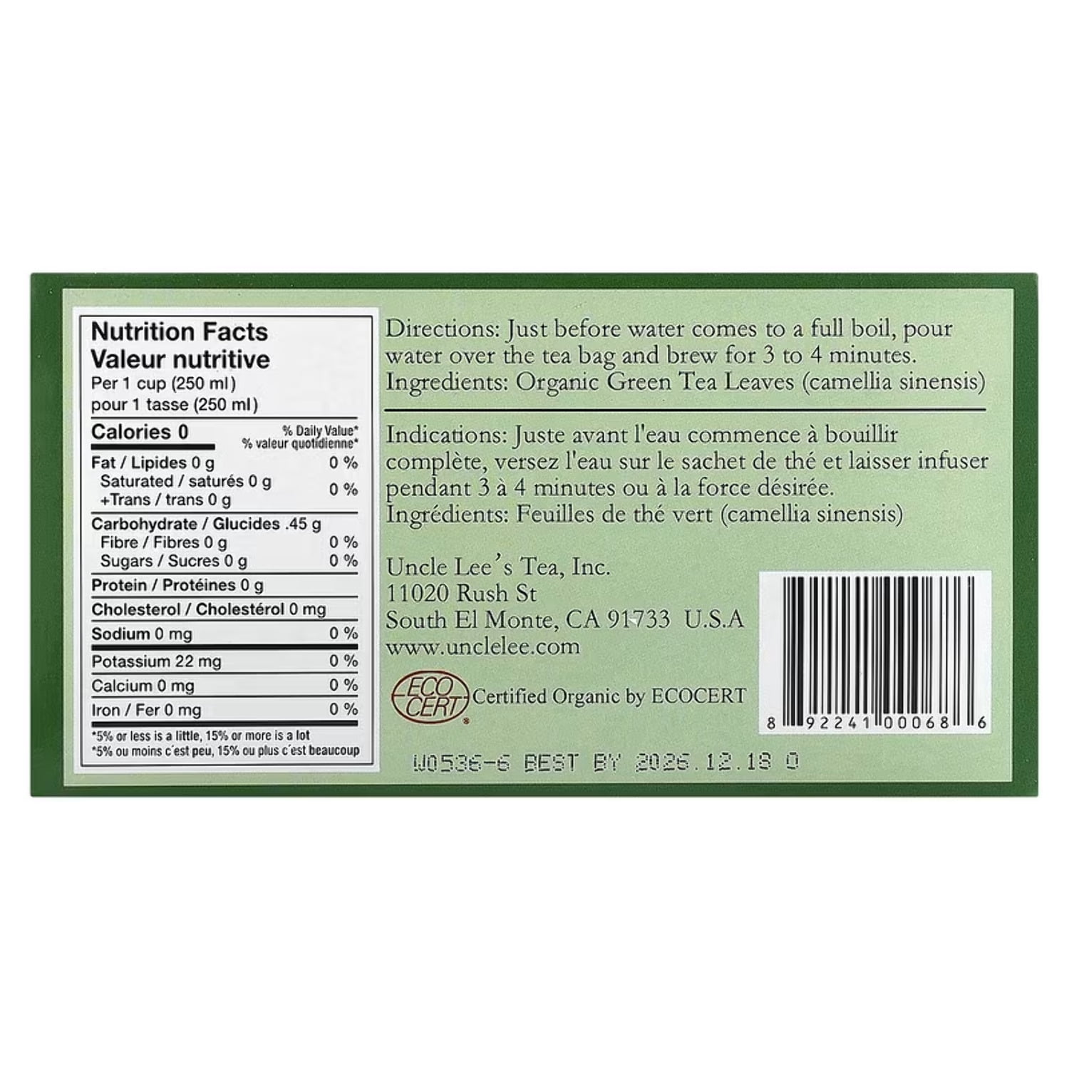 Uncle Lee's Tea Organic Green Tea Bags (Green, 100 Count) jtycz