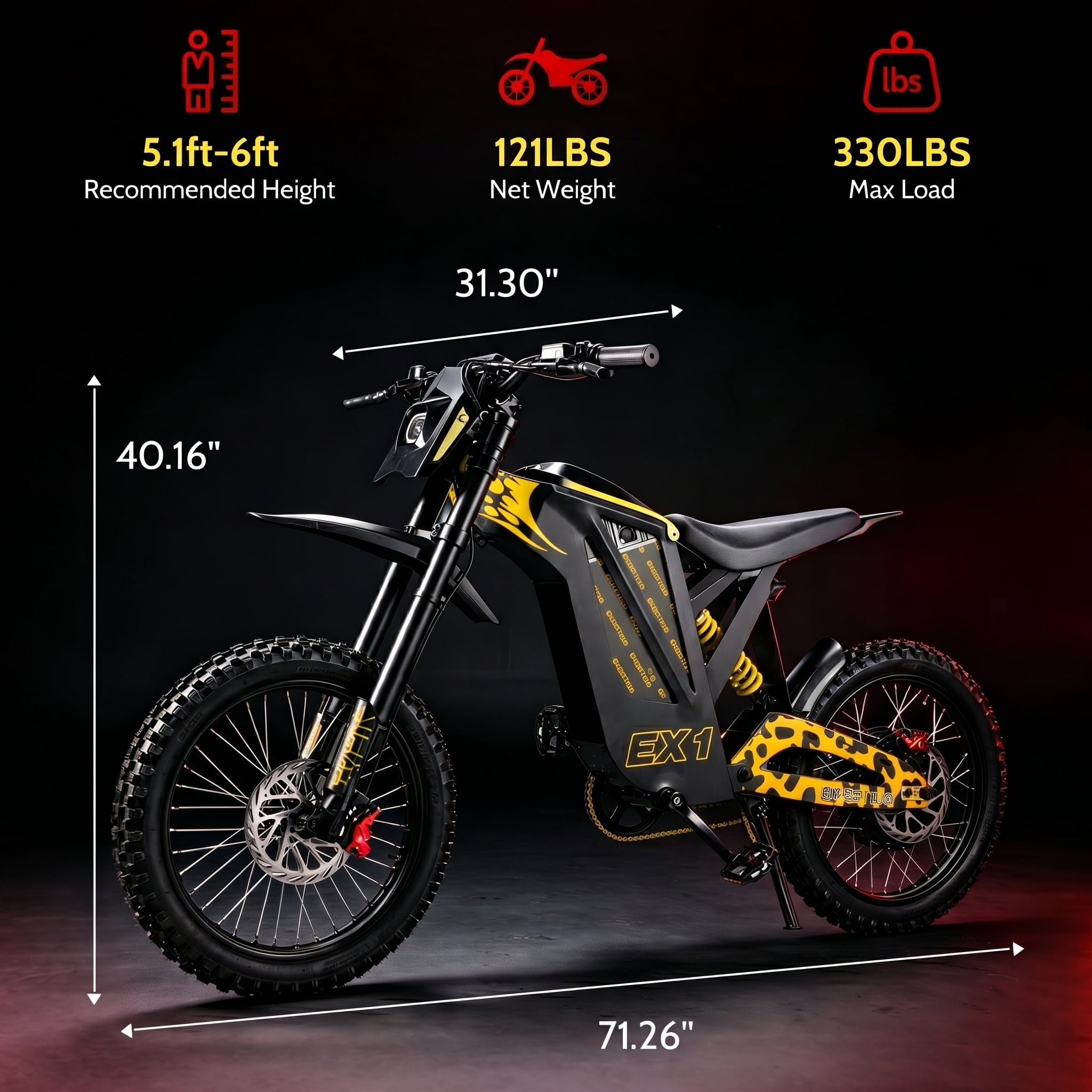 EOEOTWO EX1 Adult Off-Road Electric Dirt Bike, 3000W Motor, 40MPH Top Speed, Dual Hydraulic Shock Suspension (Yellow, 17 in Tires) 01ywm