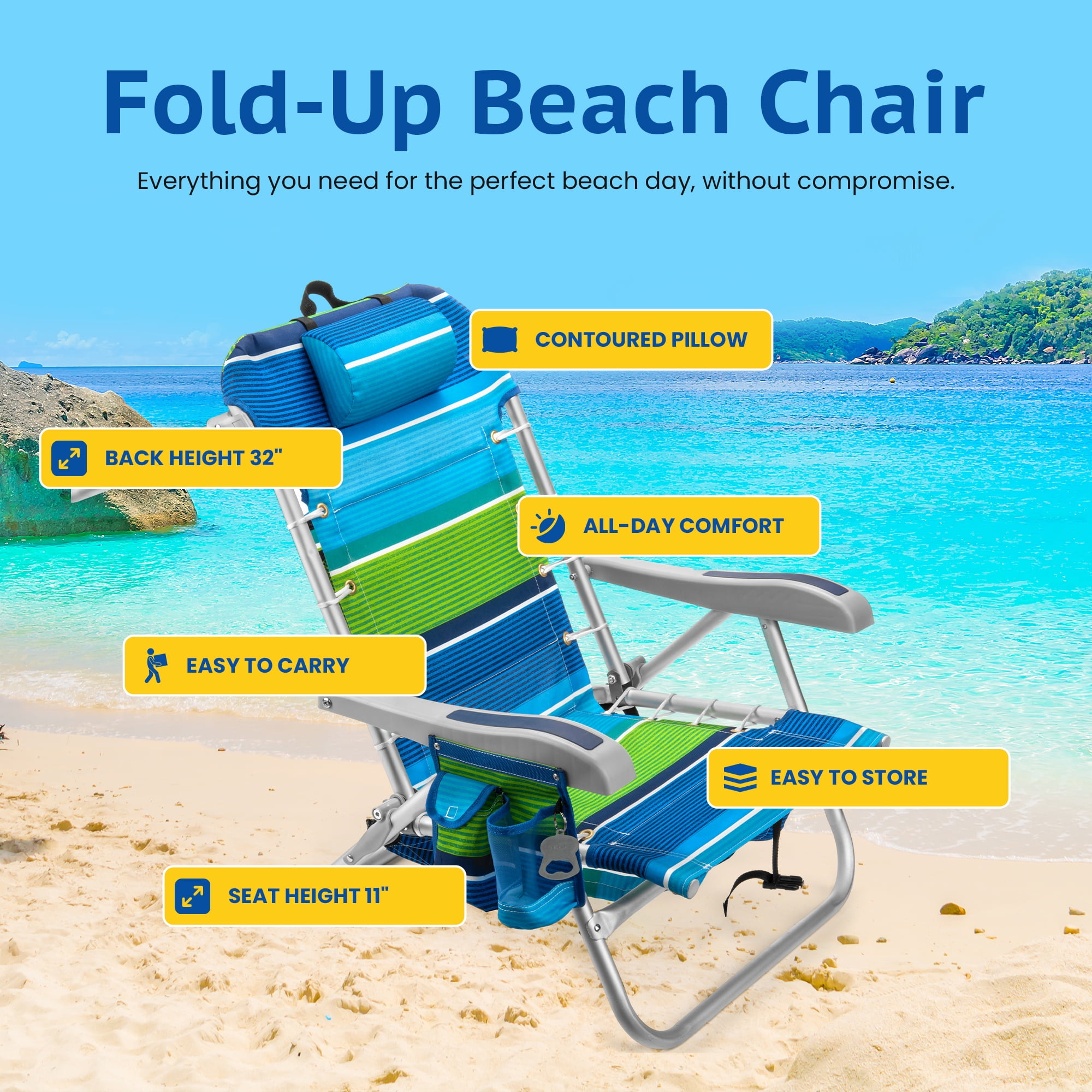 Homevative Cooler+ Folding Backpack Beach Chair, 5-Position Reclining Outdoor Seat with Storage (Blue) mds1g