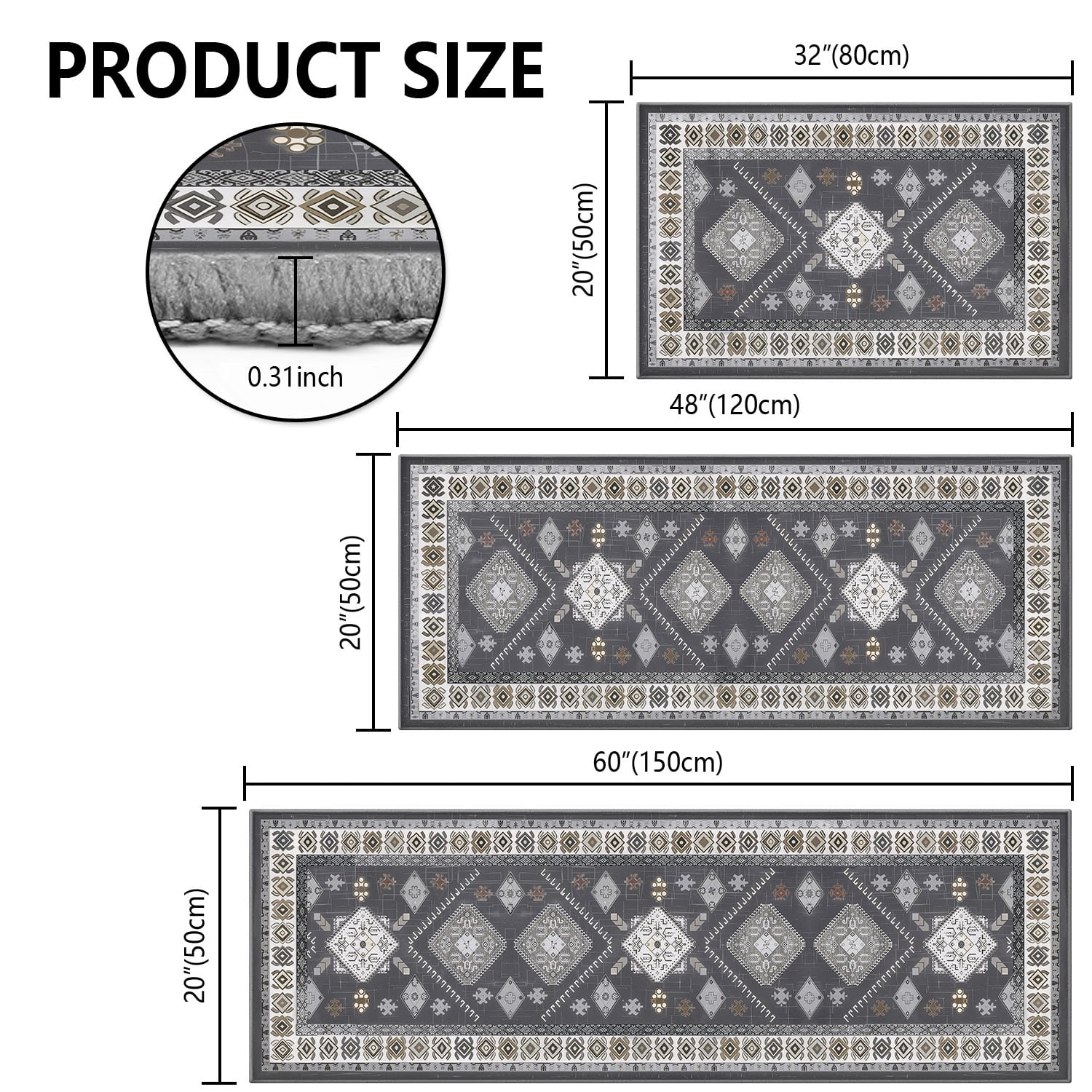 TECHVIDA 3-Piece Kitchen Rug Set, Non-Slip Machine Washable Farmhouse Floor Mats (Gray, 20 in x 32 in, 20 in x 47 in, 20 in x 59 in) 9y6vo