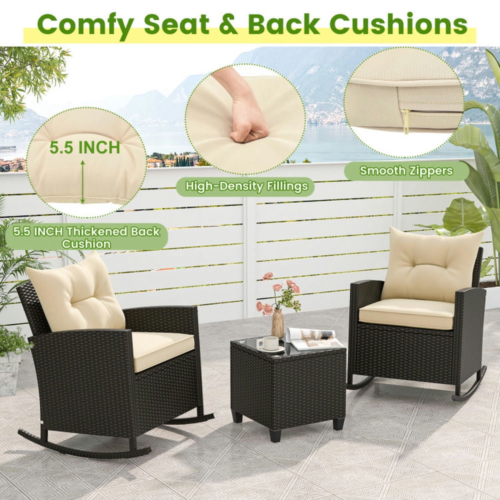 Barara King 3-Piece Outdoor Patio Rattan Rocking Chair Set with Tempered Glass Table and Cushions (Beige, 31.5 in x 26 in x 31.5 in) msh7w