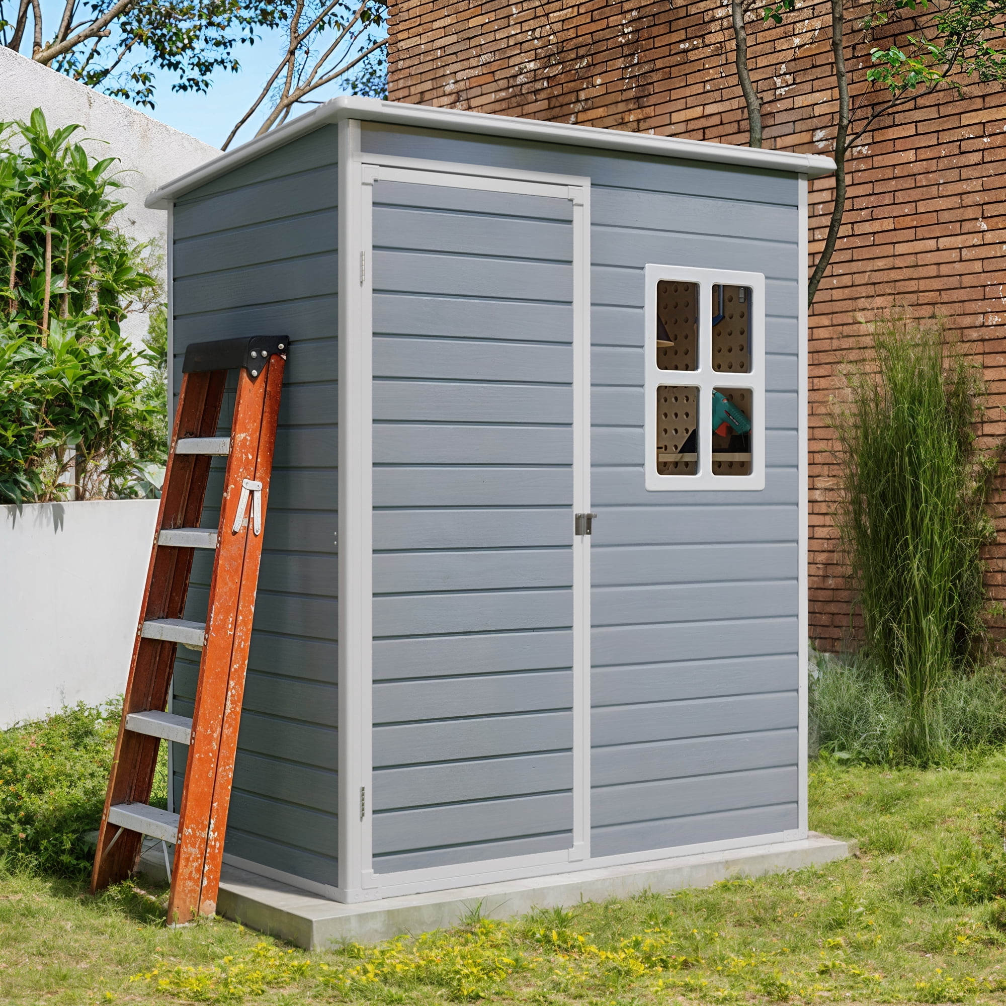 Asofer Recycled Resin Outdoor Storage Shed, Weatherproof Garden Tool Organizer with Molded Base and Lockable Door (Gray, 5x3 ft) ez5fl