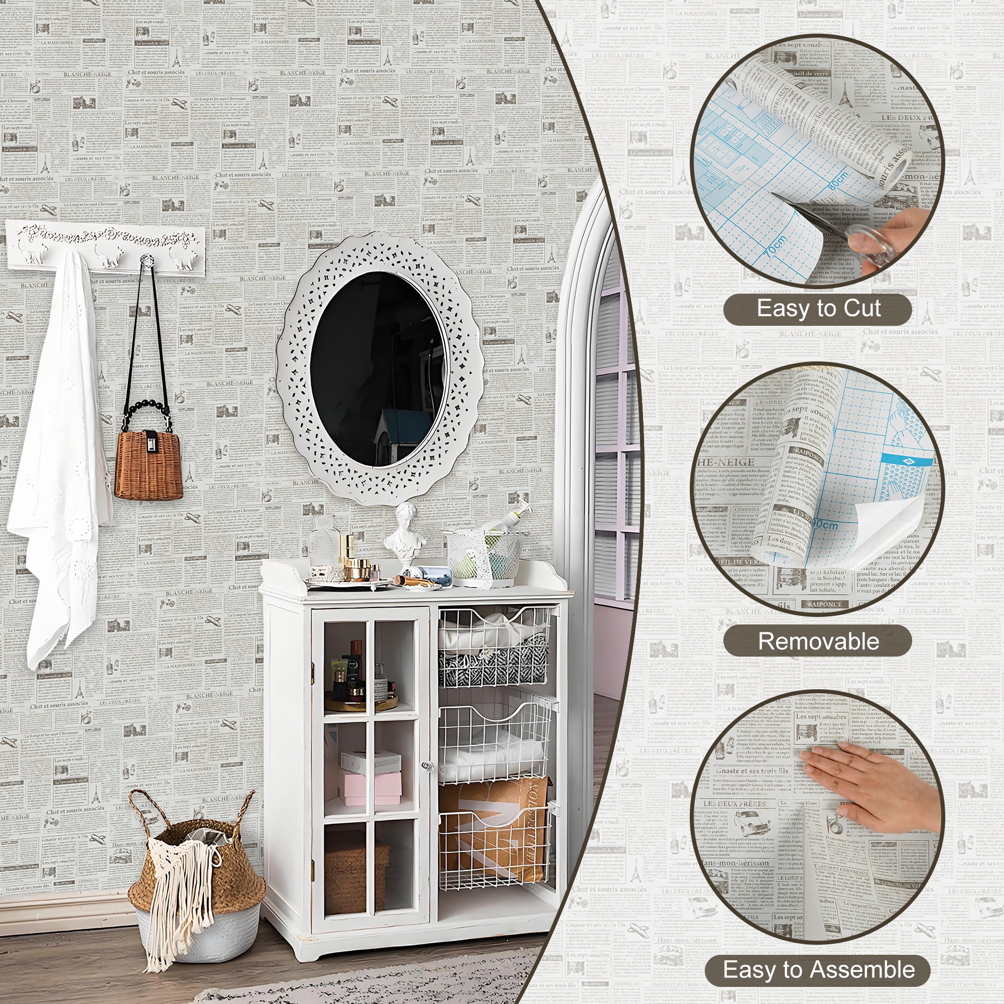 Abyssaly Newspaper Peel and Stick Wallpaper, Self-Adhesive Removable Contact Paper for Furniture and Wall Decor (White, 17.7 in x 78.7 in) 5fkxb