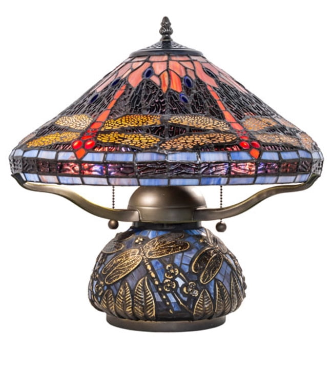 Meyda Tiffany Dragonfly Cone Table Lamp, Hand-Cut Art Glass Shade with Bronze Base (16 in) u3buh