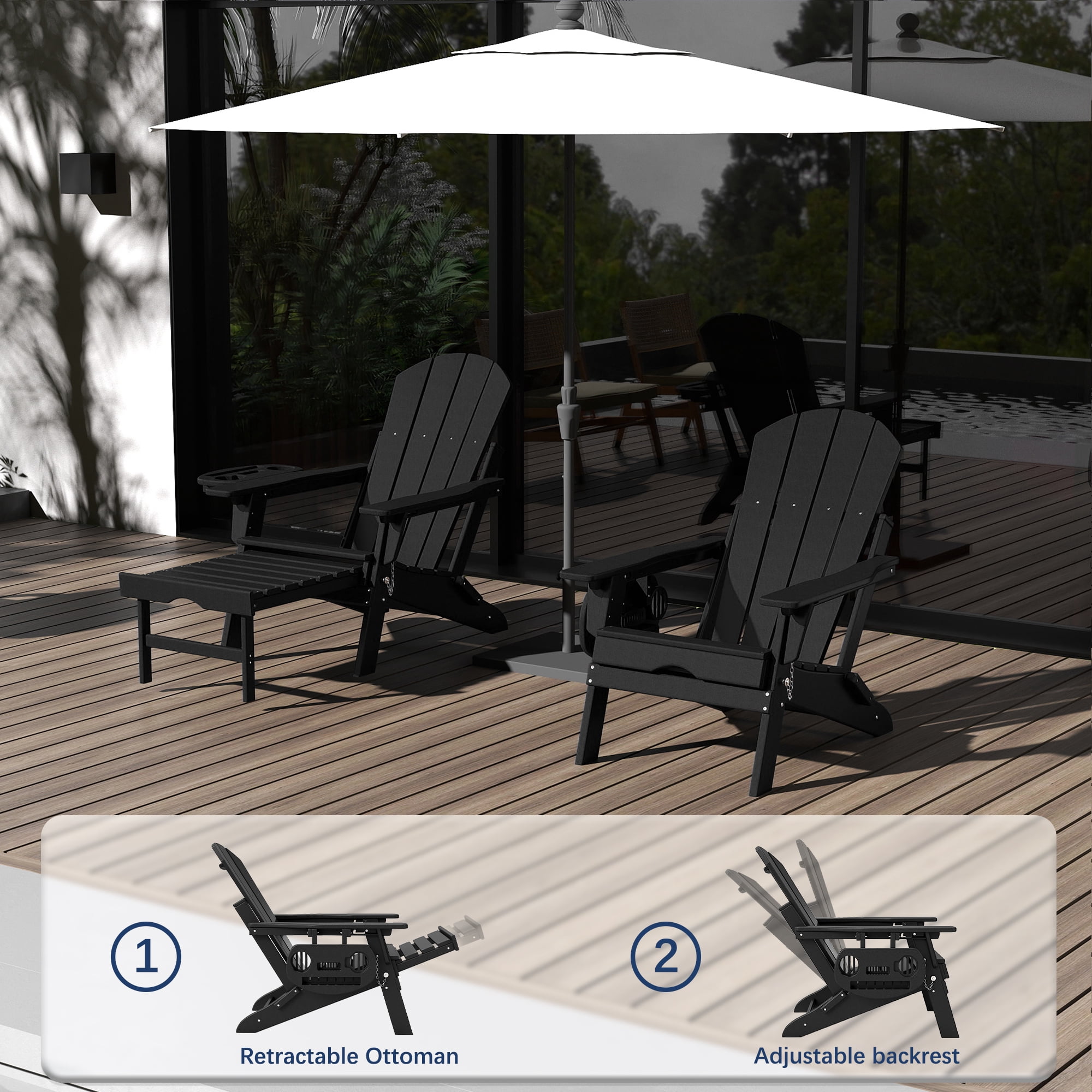 FOOWIN Folding Adirondack Chair with Retractable Ottoman, Adjustable Backrest HDPE Patio Chair with Cup Holder Tray (Black) ltl1r