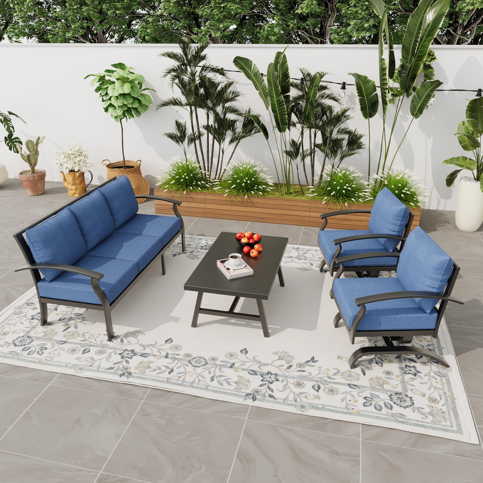 Gotland 4-Piece Metal Patio Furniture Set, Outdoor Sectional Conversation Sofa with Coffee Table (Navy Blue, 4-Piece Set) rxu6x