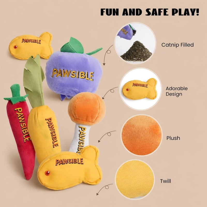 Pawsible Foodie Cat Toy Set, Organic Catnip Filled Plush Toys for Indoor Cats (Yellow, 5 Pack) ml609