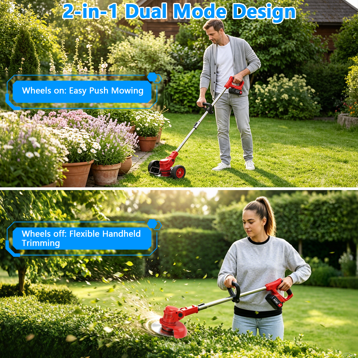 TNTANTS Cordless Electric Weed Wacker, 3-in-1 Grass Trimmer, Edger, and Brush Cutter with 2 Batteries and Wheels (Red, 46.5 in) 04gwl