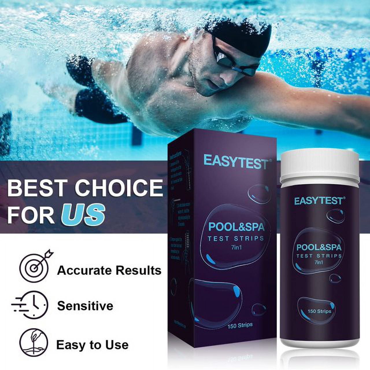EASYTEST 7-Way Pool & Spa Water Test Strips (300 Count, Multi-Parameter Chemical Testing Kit) 6ij70