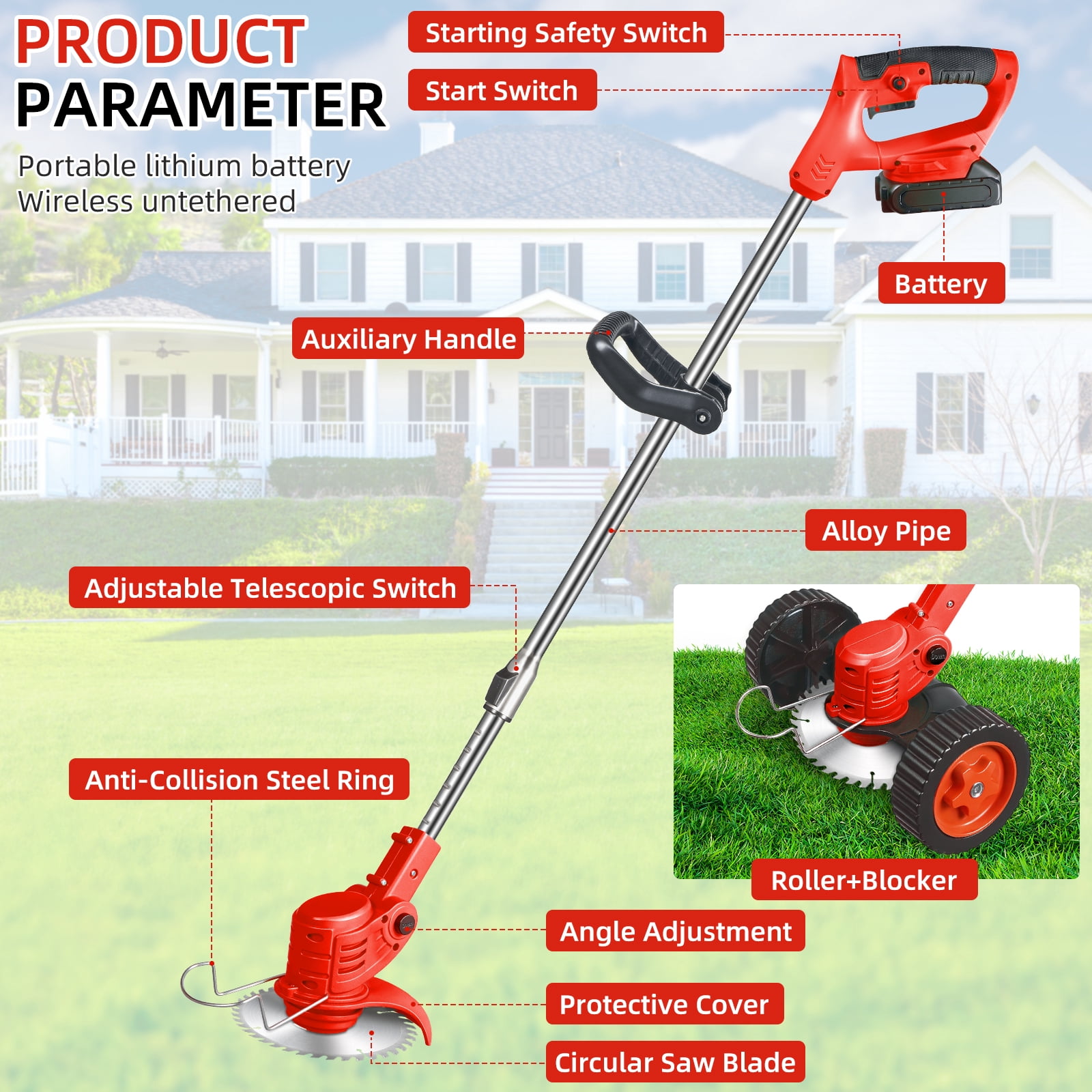 ZLieatmp Electric Cordless Lawn Mower, 3-in-1 Grass Trimmer and Edger with 800W Motor (Green, 47 in) 5jxap