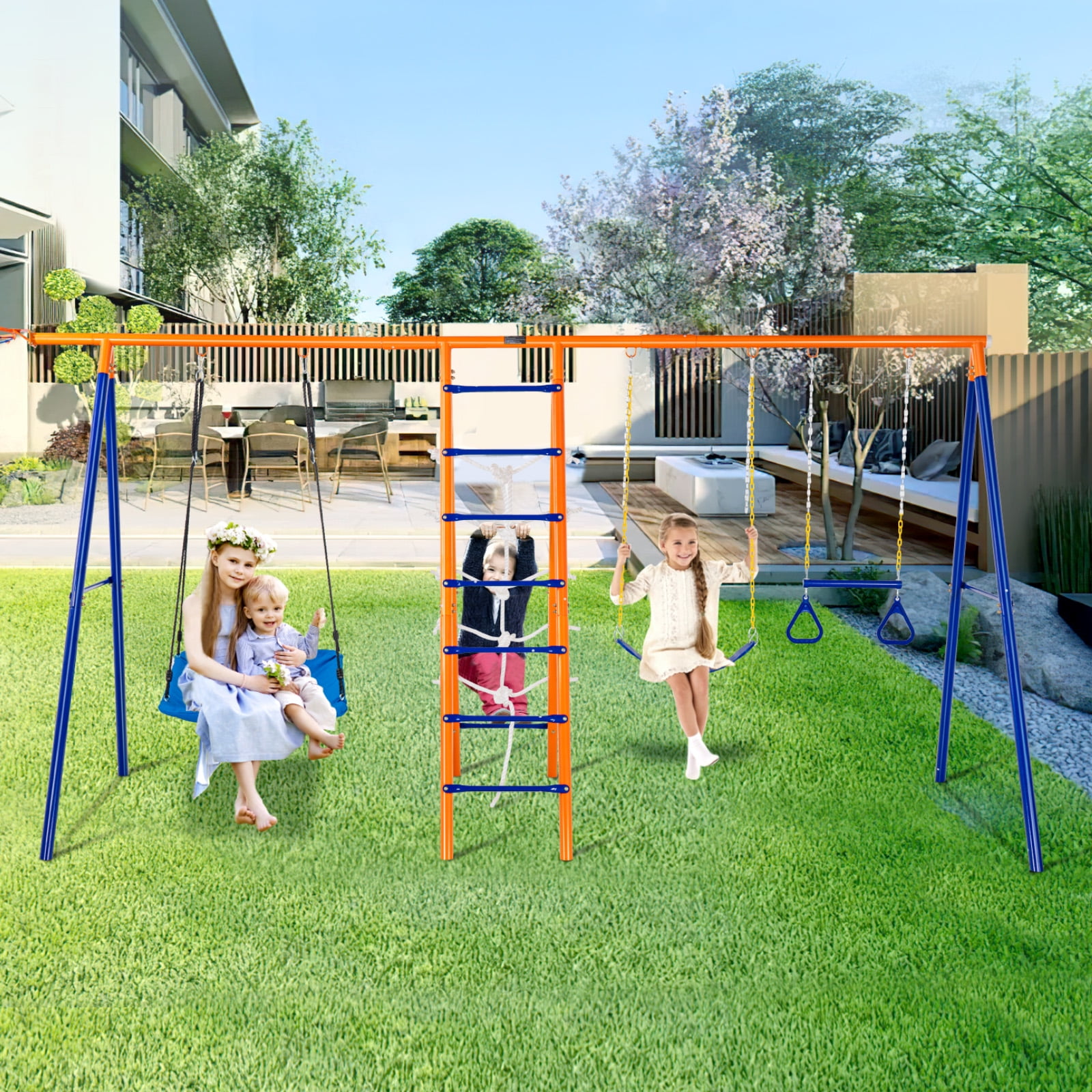 KFFKFF Outdoor Swing Set, 6-in-1 Playground Combo with Dual Swings, Trapeze, Ladder, Net, and Basketball Hoop (Orange, 440 lb) cwxiu