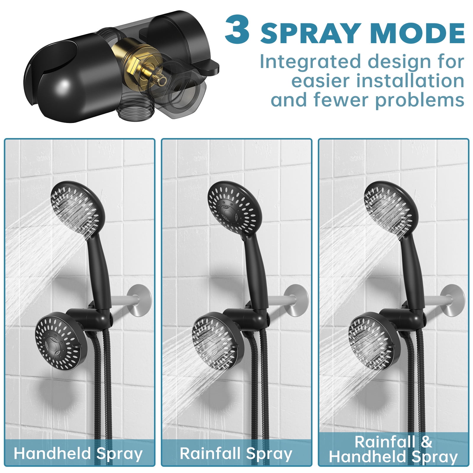 Cshidworld High Pressure Dual Shower Head Combo, 3-Way Rainfall Handheld System with 60 in Stainless Steel Hose (Matte Black) 9xue7