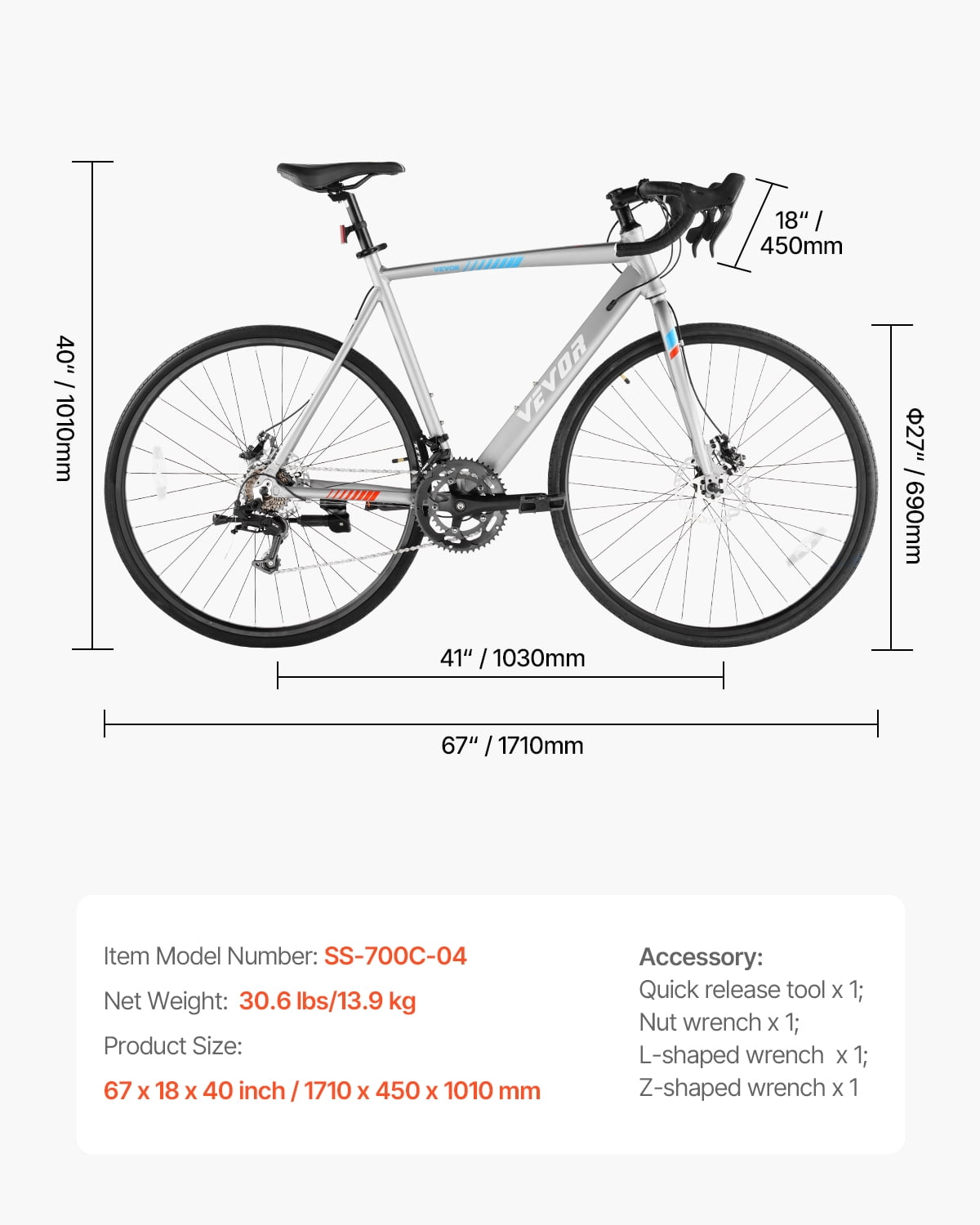 VEVOR Road Bike, 14-Speed Racing Bicycle with Aluminum Alloy Frame, Disc Brake, Urban Commuter Sport Bike (Grey, 67 in) rstn5