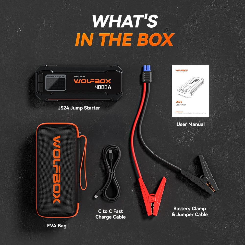WolfBox 4000A Portable Car Jump Starter, Heavy-Duty Battery Booster Pack for 10L Gasoline & Diesel Engines (Black, 24000mAh) rnpaw