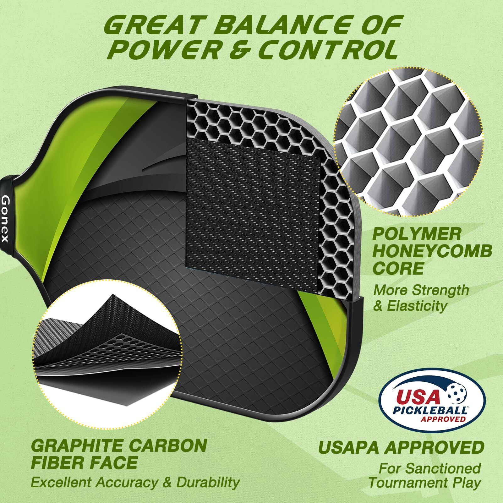 Gonex Pickleball Paddles Set of 4, Carbon Fiber Graphite Rackets with 4 Balls (Green, 4-Pack) 2oa5c