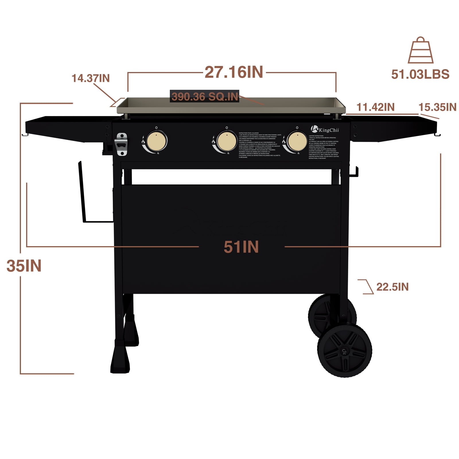 KingChii 3-Burner Propane Griddle Outdoor Flat Top Gas Grill with Side Shelves (Black, 27 in) w1gqf