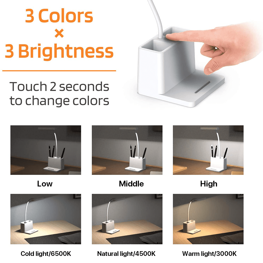 SUPTREE LED Desk Lamp with Pen and Phone Holder, Dimmable Eye-Protection Table Light with USB Port (White, 1 Unit) aeu7p