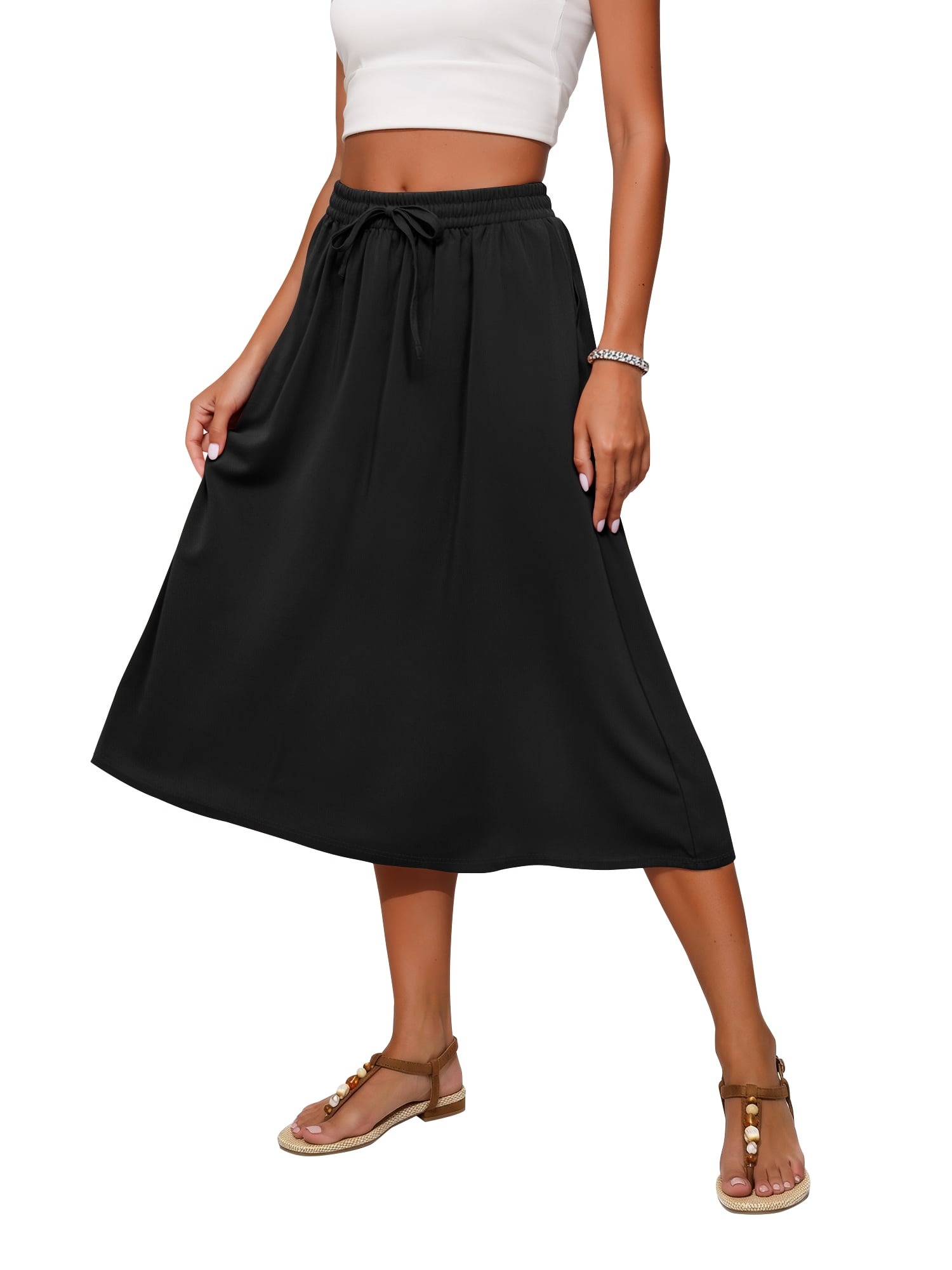 Fantaslook Womens Midi Skirt High Waisted Flowy A-Line Skirt with Pockets (Black, M) xuzn2