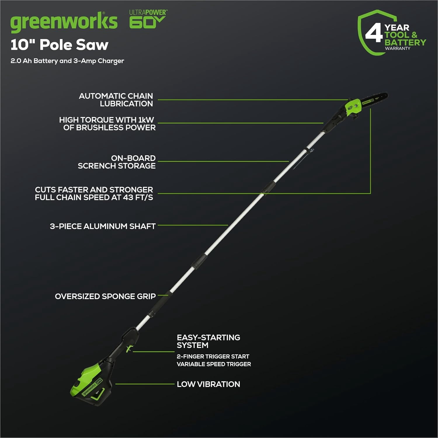 Greenworks 60V 10 in Brushless Cordless Pole Saw with 2.0Ah Battery and Charger (Green, 9 ft Reach) 7e1ly