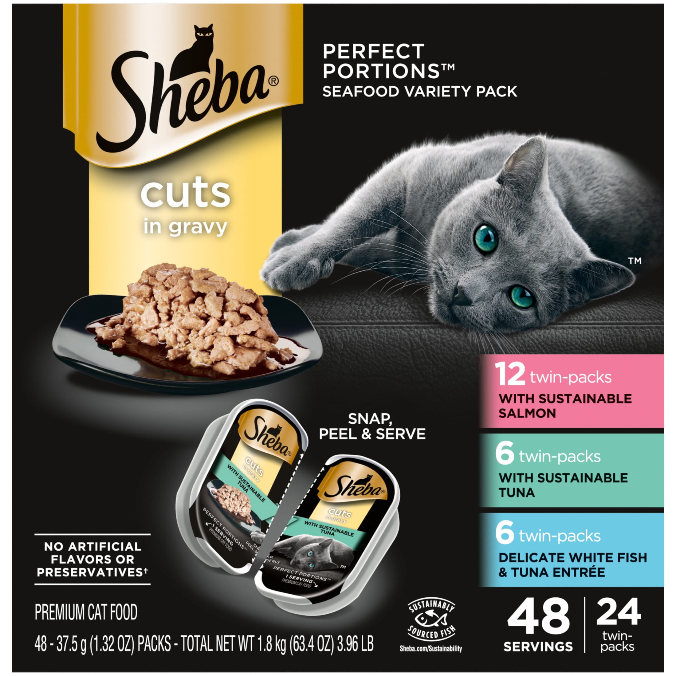 SHEBA Wet Cat Food Cuts in Gravy Variety Pack, Gourmet Salmon, Tuna, and White Fish Entrées (24 Count, 2.6 oz Trays) jynig